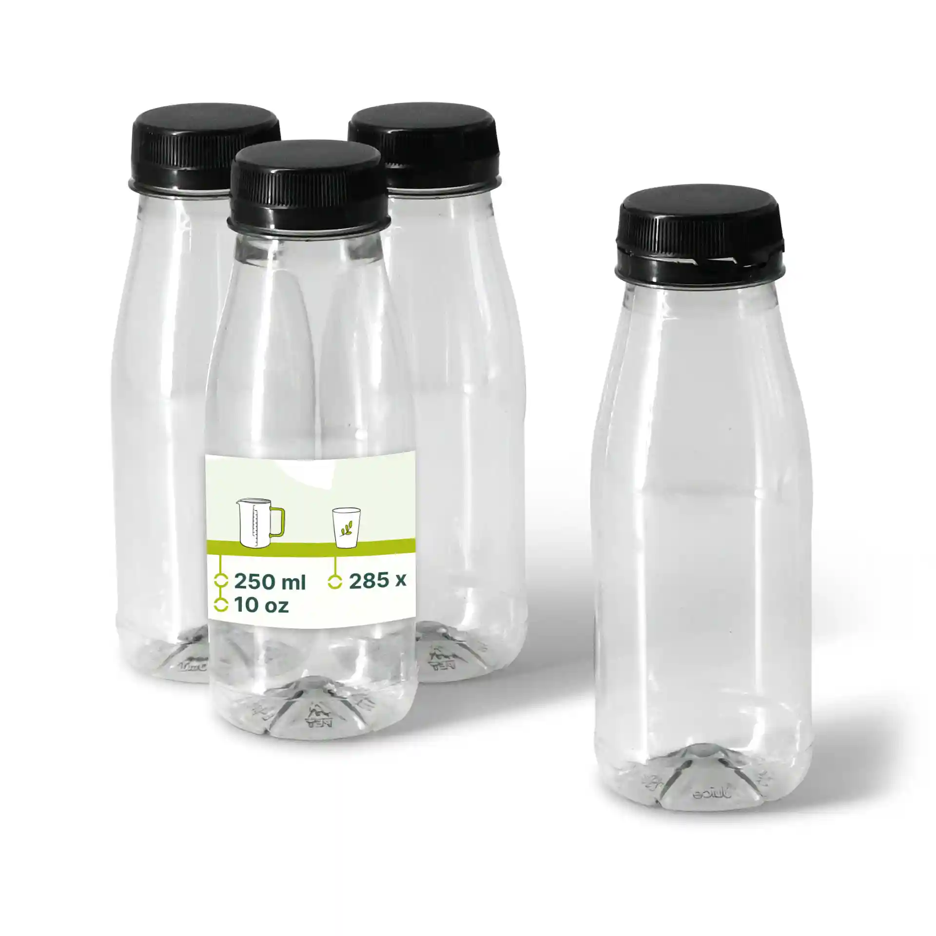 rPET-Flaschen 250 ml, klar, Deckel schwarz