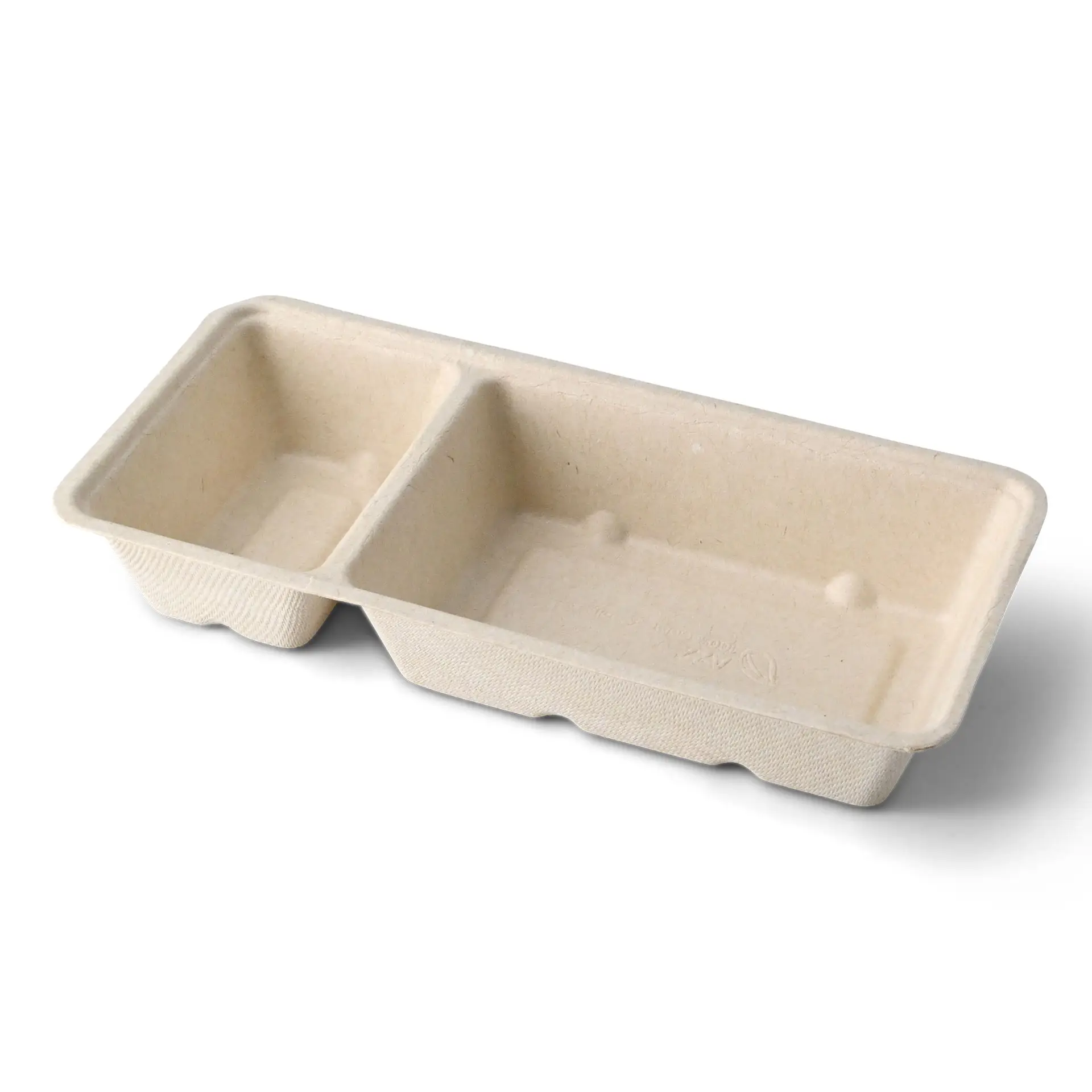 Barquette en bagasse pour frites, 2 compartiments, 9,5 x 20 x 3,5 cm