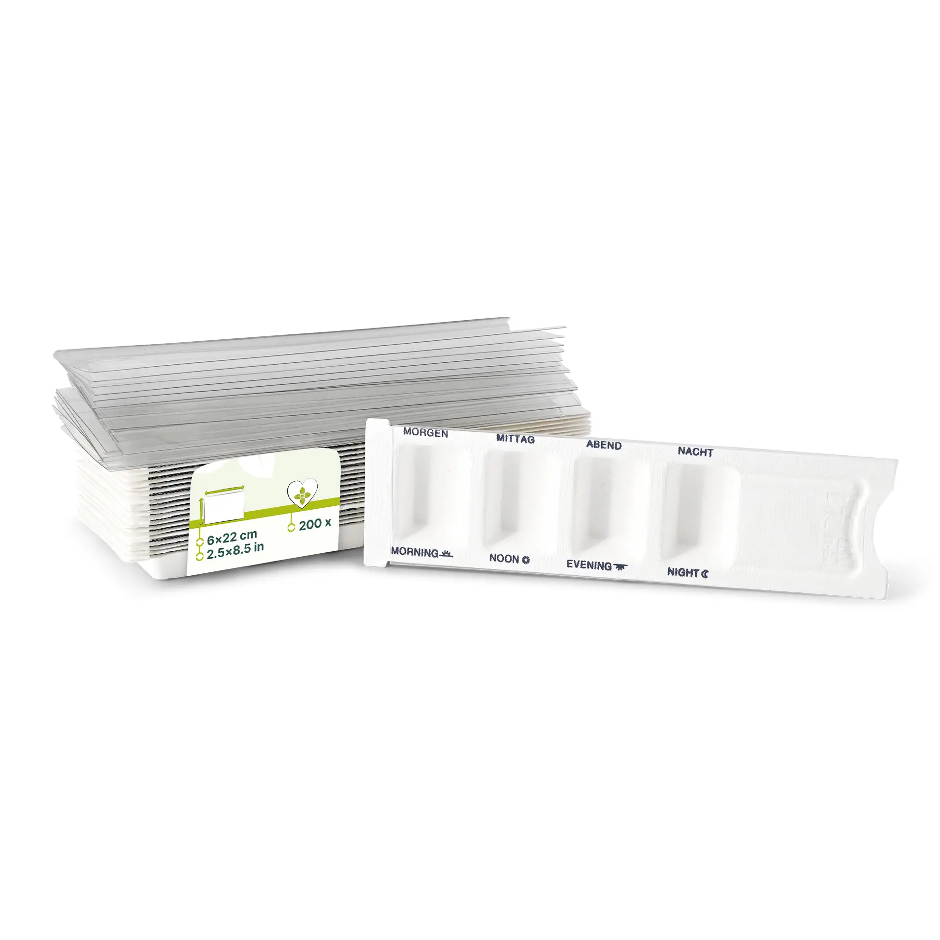Distributeur de médicaments en fibres végétales 6 x 22 x 1 cm, 4 compartiments, couvercle coulissant en rPET dhy05070-medikamenten-dispenser-aus-pflanzenfasern-6-x-22-x-1-cm-4-kammern-rpet-schiebedeckel