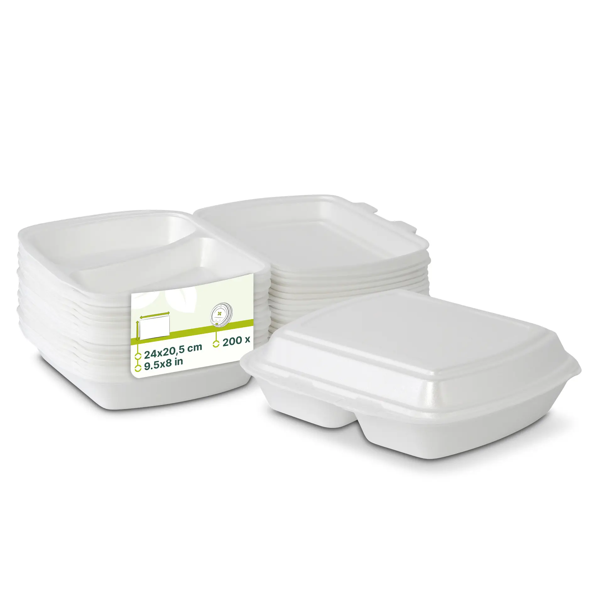 Empilement de contenants à emporter blancs avec une étiquette, indiquant 200 unités de taille 24 x 20,5 cm.