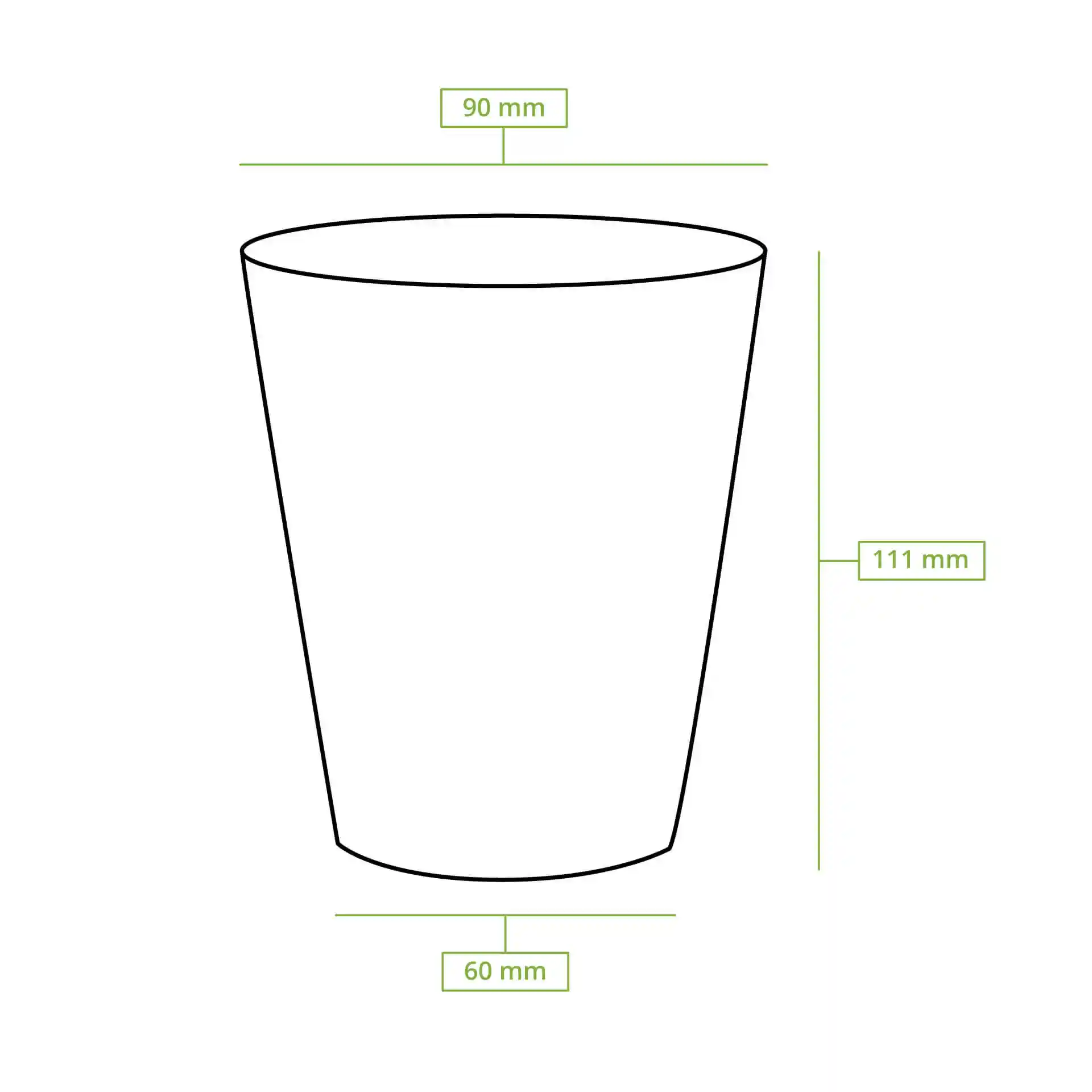 Disegno schematico di un bicchiere a doppia parete con dimensioni: 90 mm diametro superiore, 60 mm diametro inferiore, 111 mm altezza.