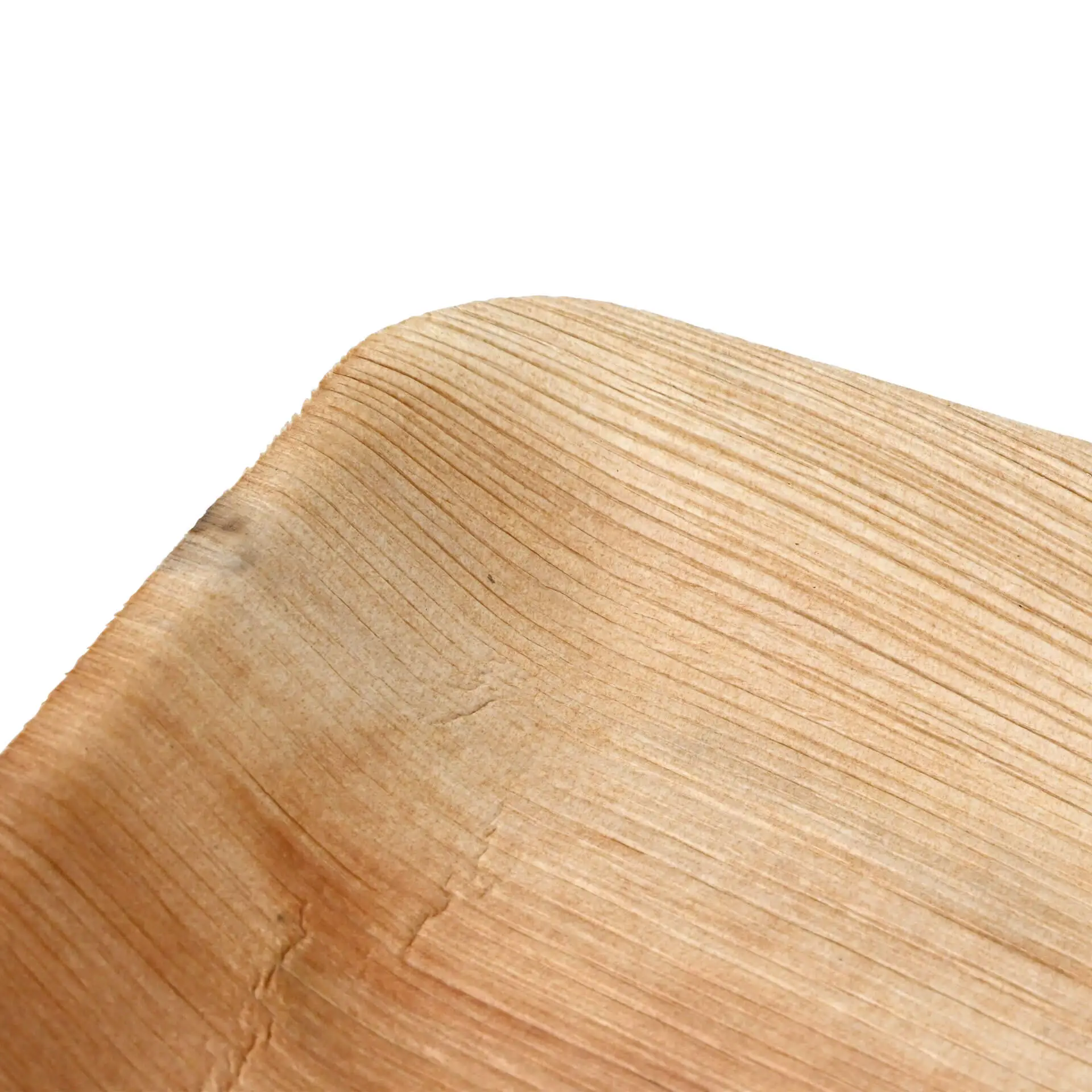 Gros plan d'une assiette rectangulaire en feuille de palmier avec texture de grain visible et bords arrondis.