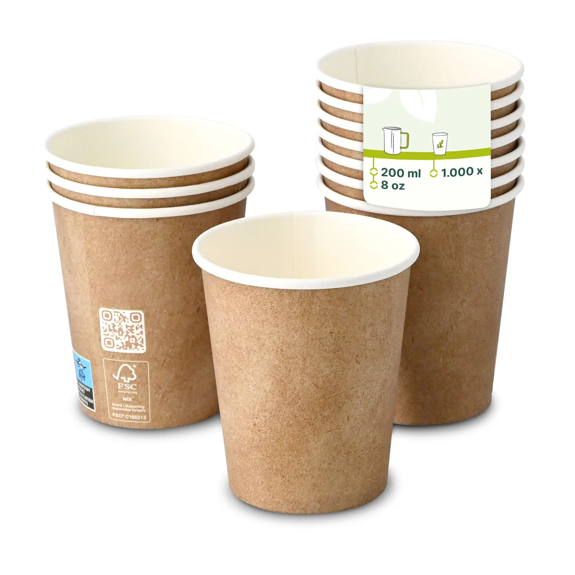Pappbecher 200 ml / 8 oz, Ø 80 mm, einwandig, braun / innen weiss, PLA-beschichtet