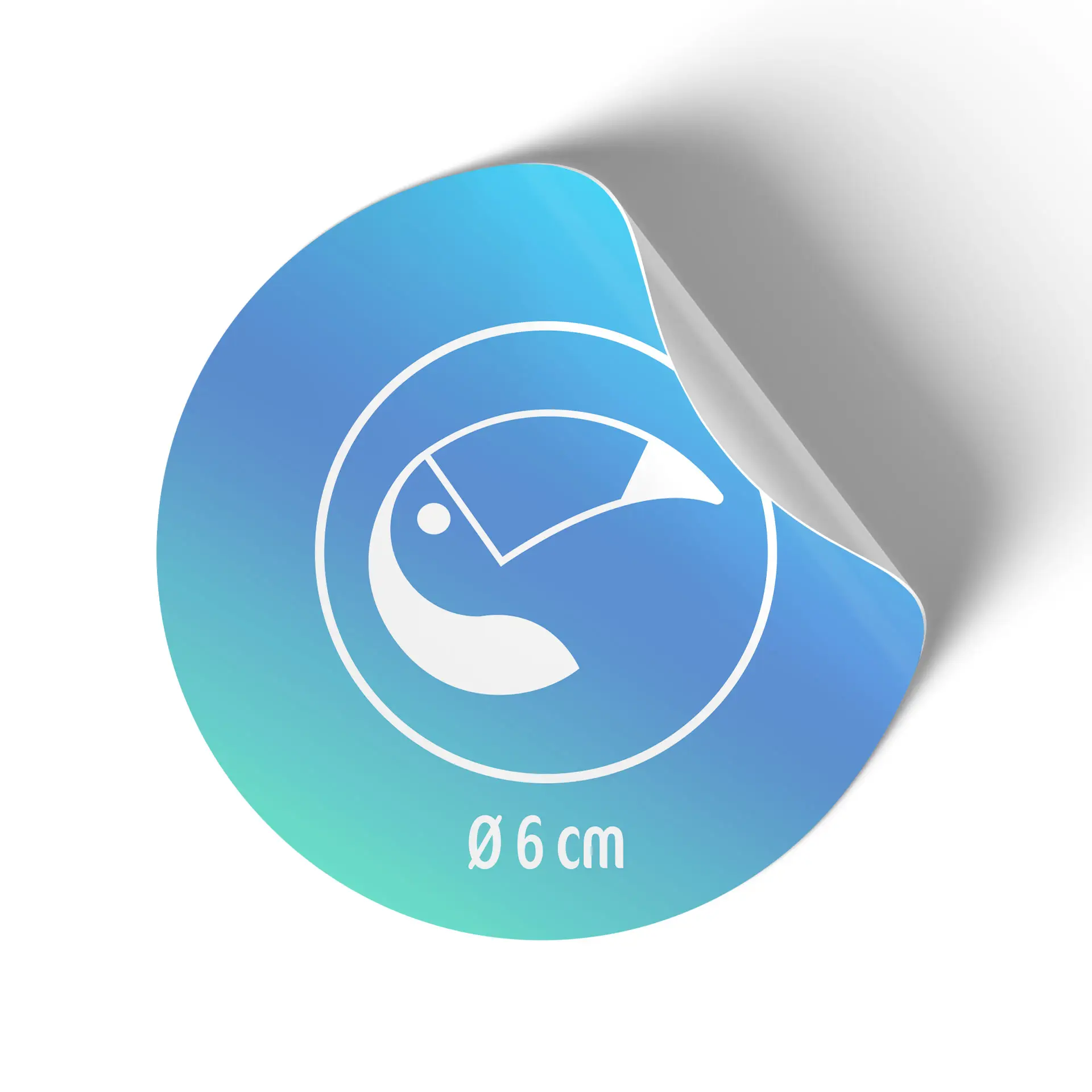 Runder Aufkleber mit blauem Verlauffond und grafischem Design; hat einen Durchmesser von etwa 6 cm.