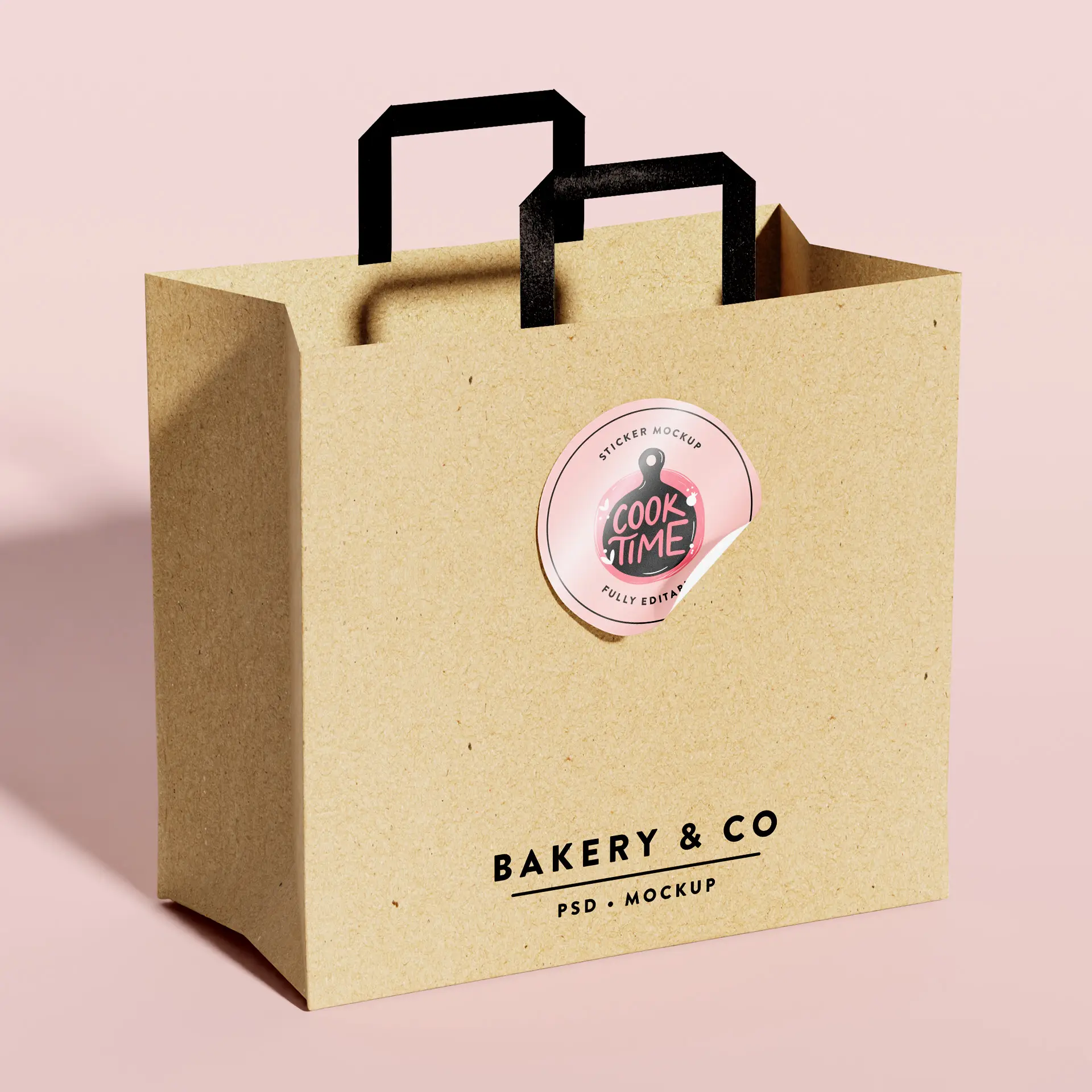 Busta in carta kraft marrone con manici neri e un adesivo rotondo rosa con la scritta "Cook Time", etichettata per "Bakery & Co."