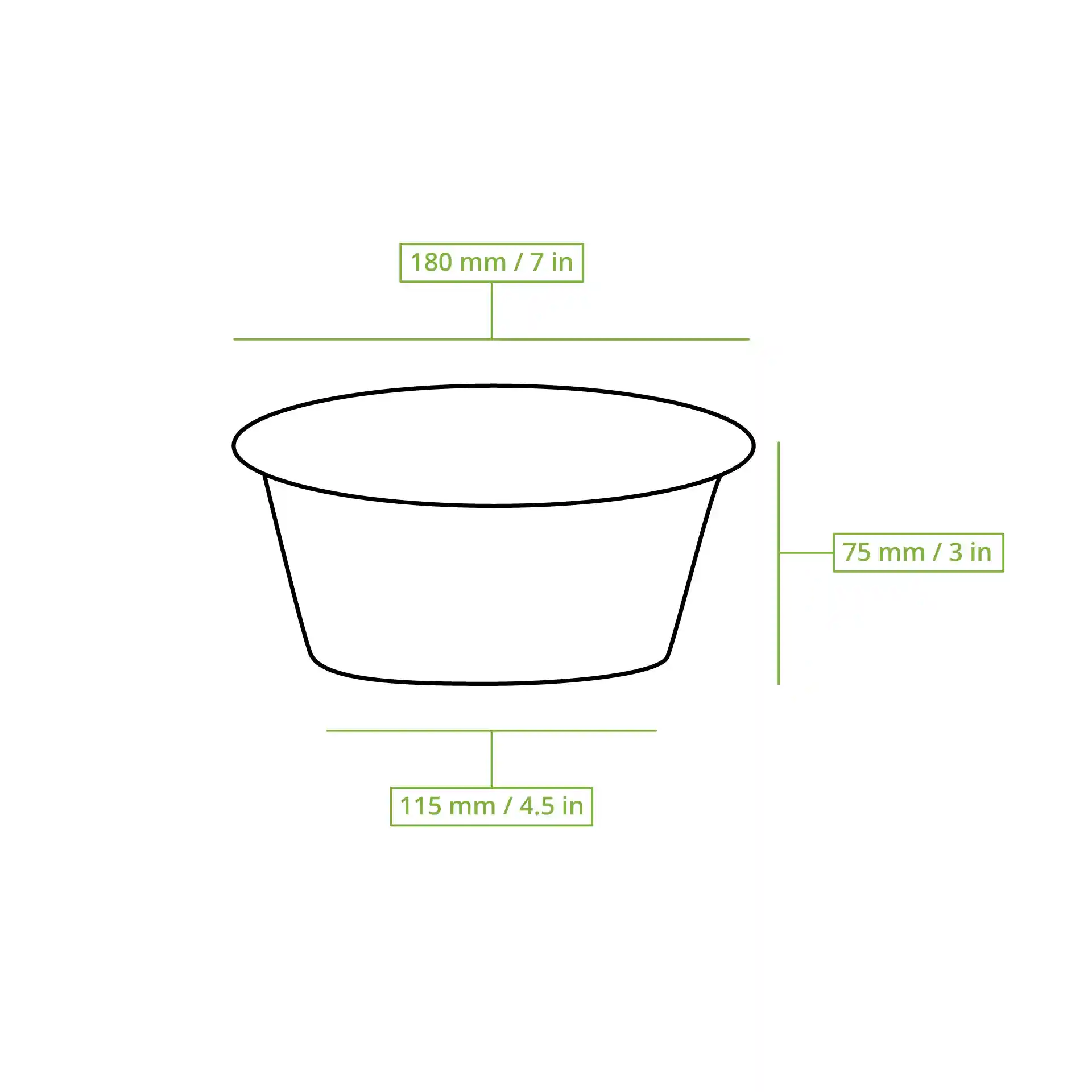 Disegno schematico di un contenitore riutilizzabile nero con dimensioni: diametro superiore 180 mm, diametro inferiore 115 mm e altezza 75 mm.