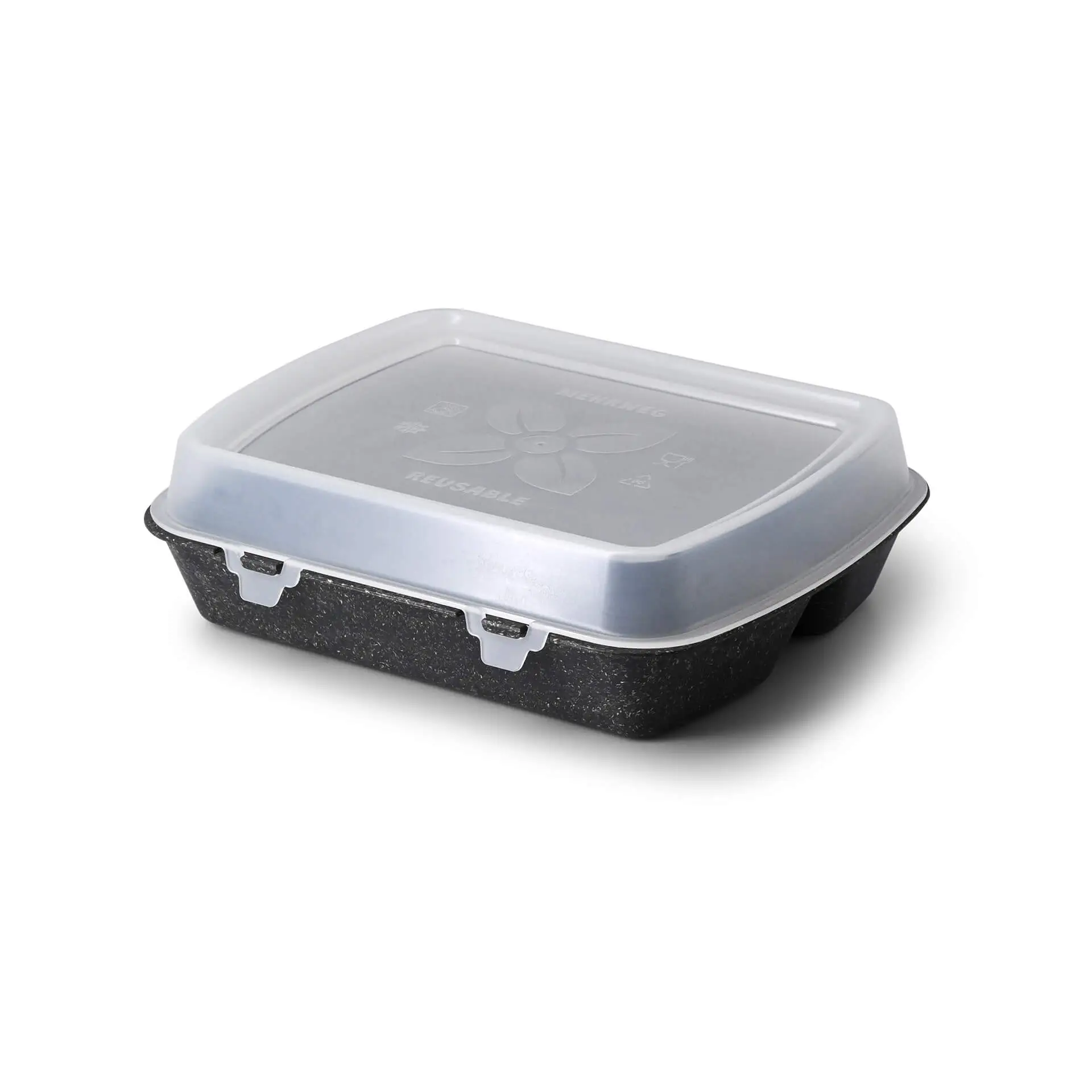 Contenitore alimentare riutilizzabile trasparente con base nera e coperchio trasparente, 24,5 x 20 x 4,5 cm.