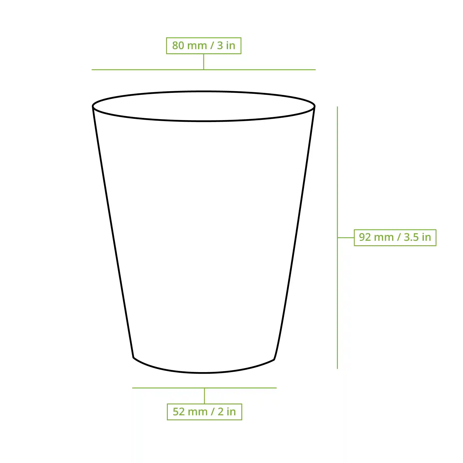 Disegno schematico di un bicchiere di carta rotondo con dimensioni: diametro superiore 80 mm, diametro inferiore 52 mm, altezza 92 mm.