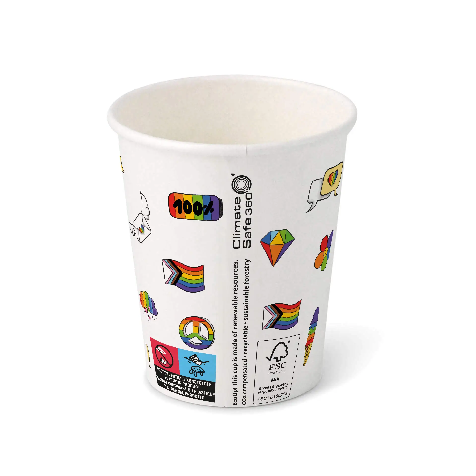 Gobelet en carton imprimé "Pride" (revêtu) 200 ml / 8 oz, Ø 80 mm, blanc