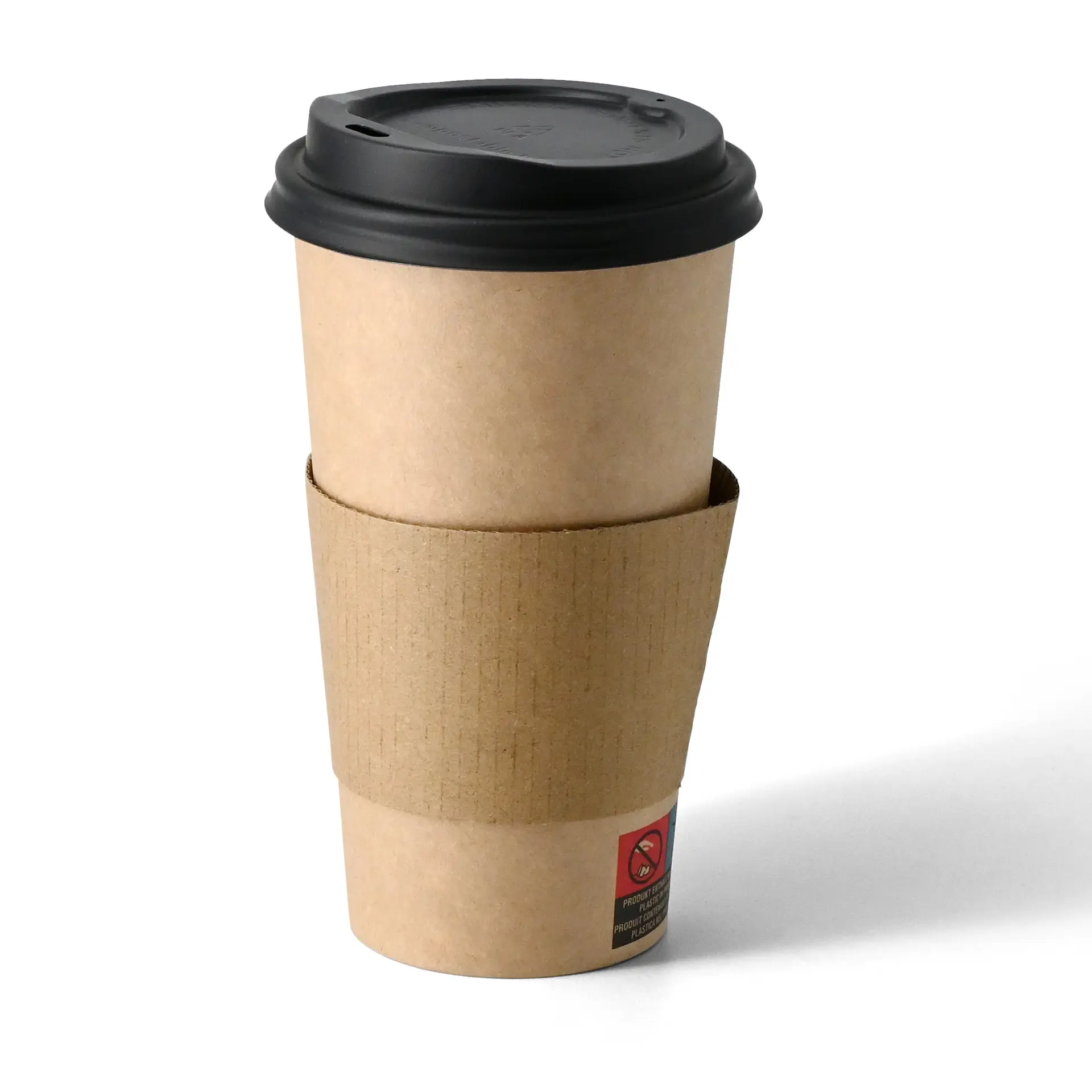 Gobelet en papier marron à paroi simple avec couvercle noir, revêtement en PLA, adapté aux boissons chaudes et froides, 500 ml.