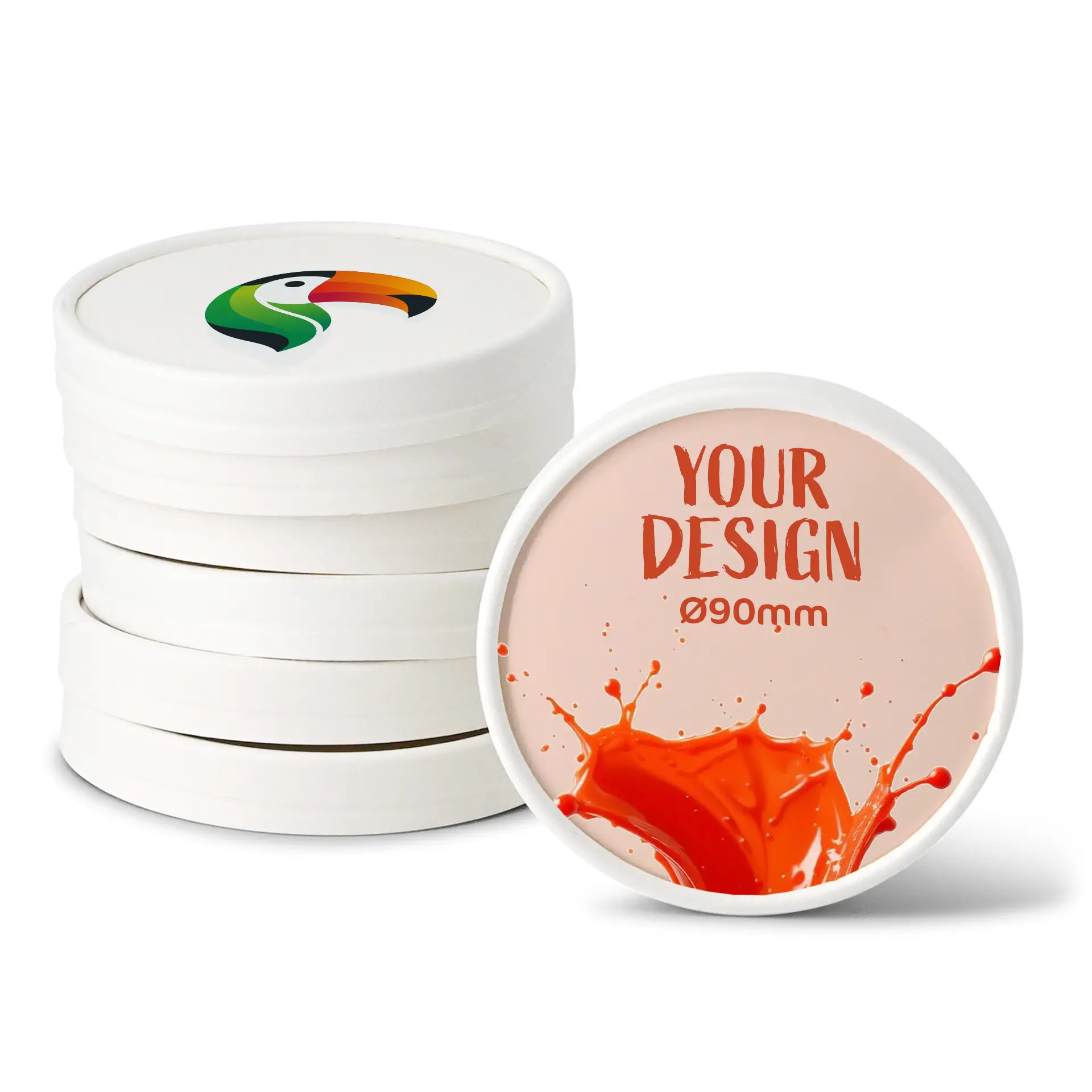 Couvercles en carton blancs pour des coupes de glace, incluant un logo de toucan imprimé et un design avec effet éclaboussure rouge.