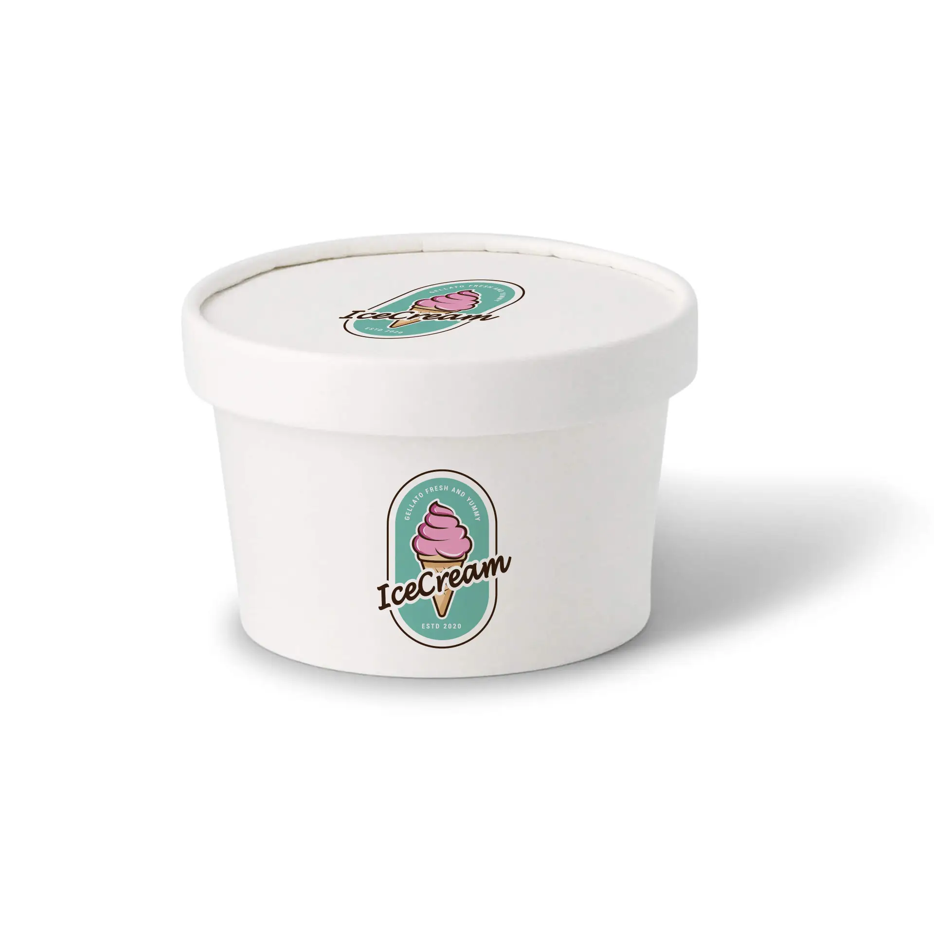 Coperchio in cartone bianco per coppe di gelato con logo stampato e un design di cono gelato rosa in cima.