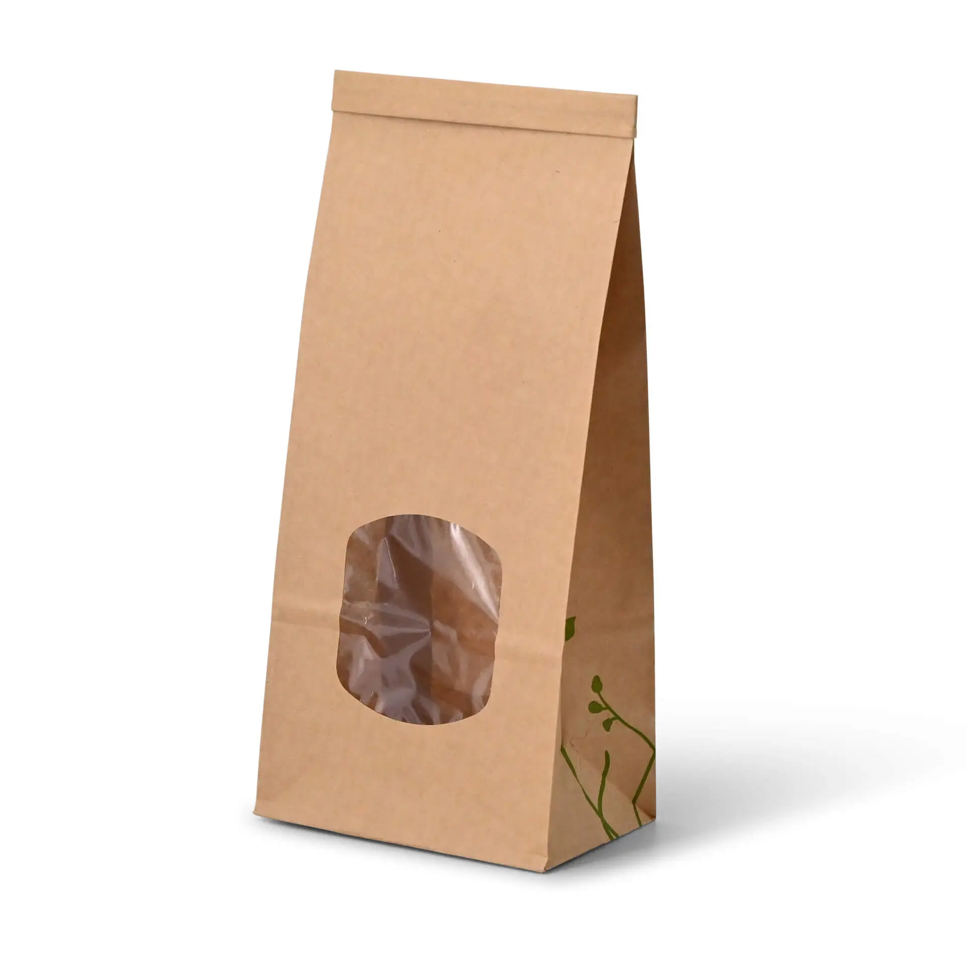 Blockbeutel m. Fenster M, 11,5 x 7,2 x 24,6 cm, PLA-Folie, braun, Clipband, Kraftpapier dre02780-blockbeutel-m-fenster-m-115-x-72-x-246-cm-pla-folie-braun-clipband-kraftpapier-1