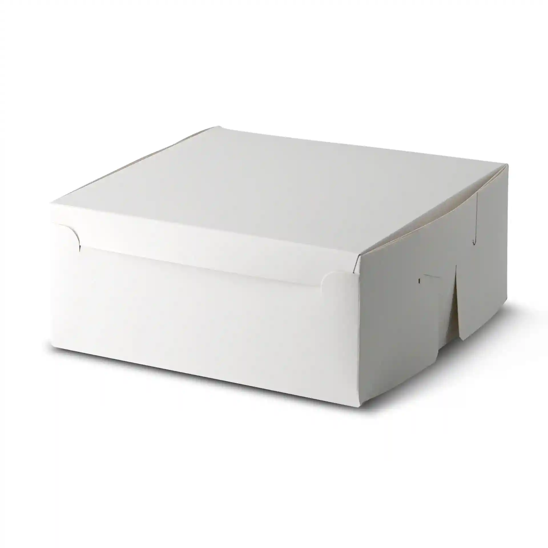 Weiße Kuchenbox in quadratischer Form, 23 x 23 x 10 cm groß.