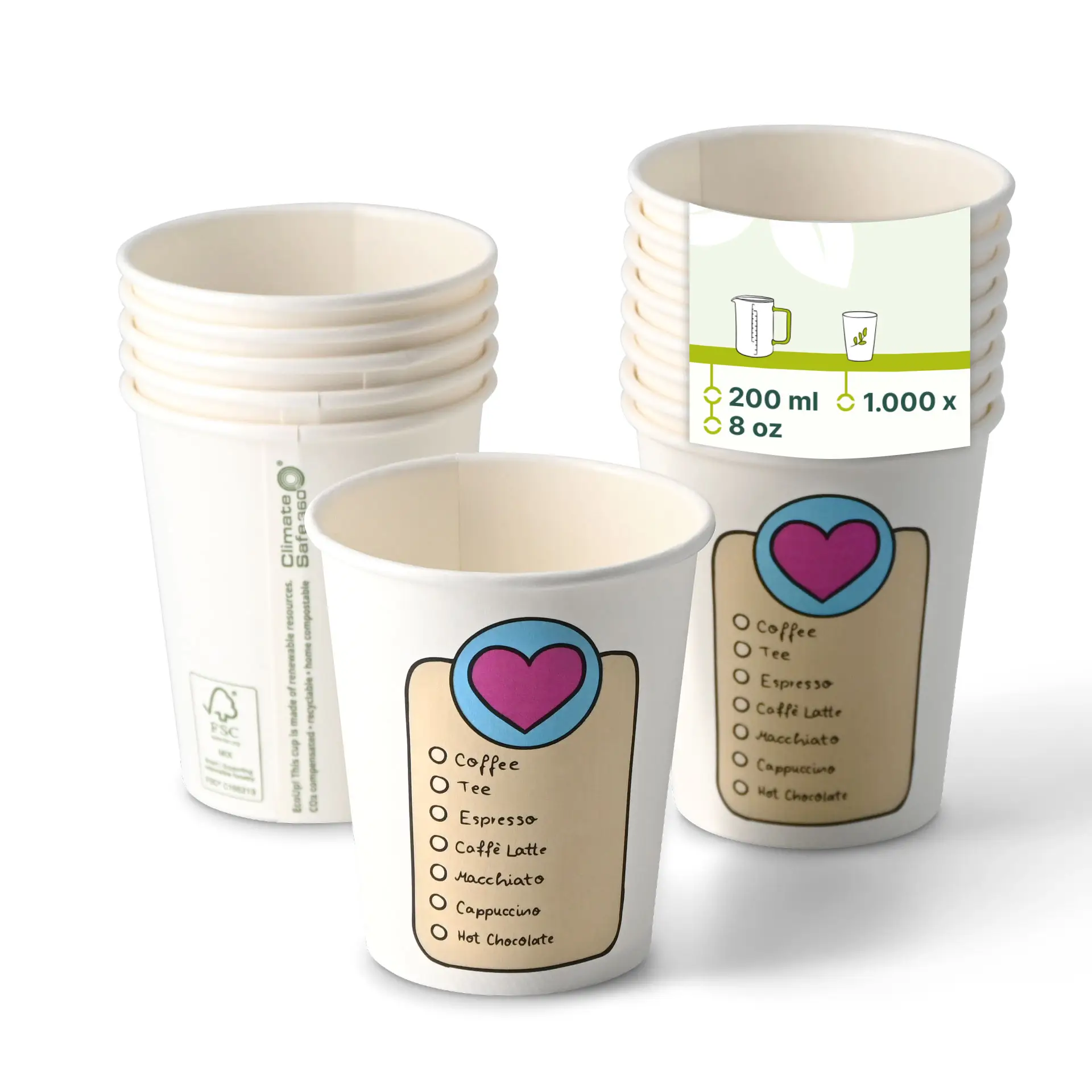 Gobelet en carton imprimé "Coffeelove" 20 cl / 8 oz, Ø 80 mm, blanc