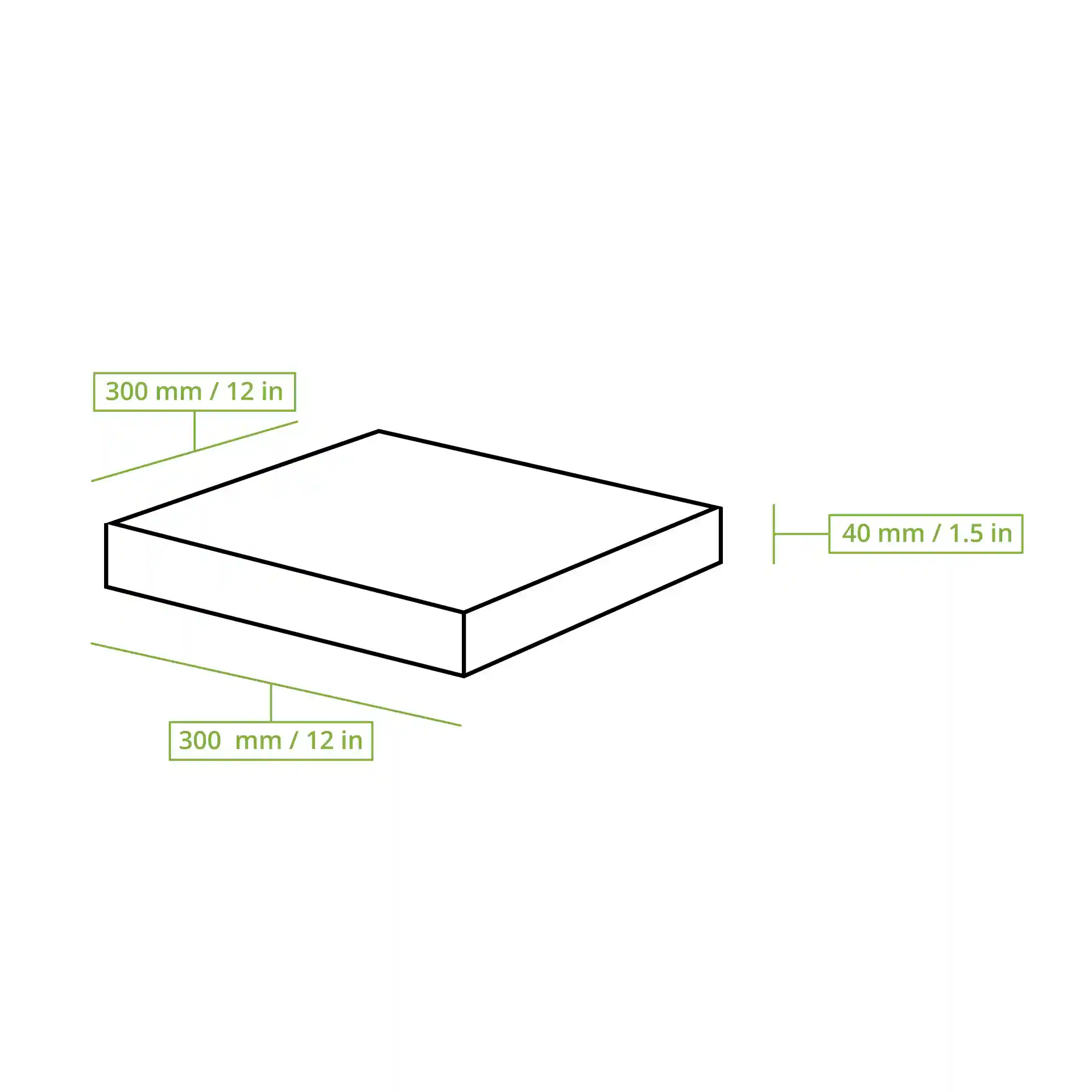 Dessin schématique d'une boîte à pizza avec des dimensions de 300 mm x 300 mm x 40 mm étiquetées en millimètres et en pouces.