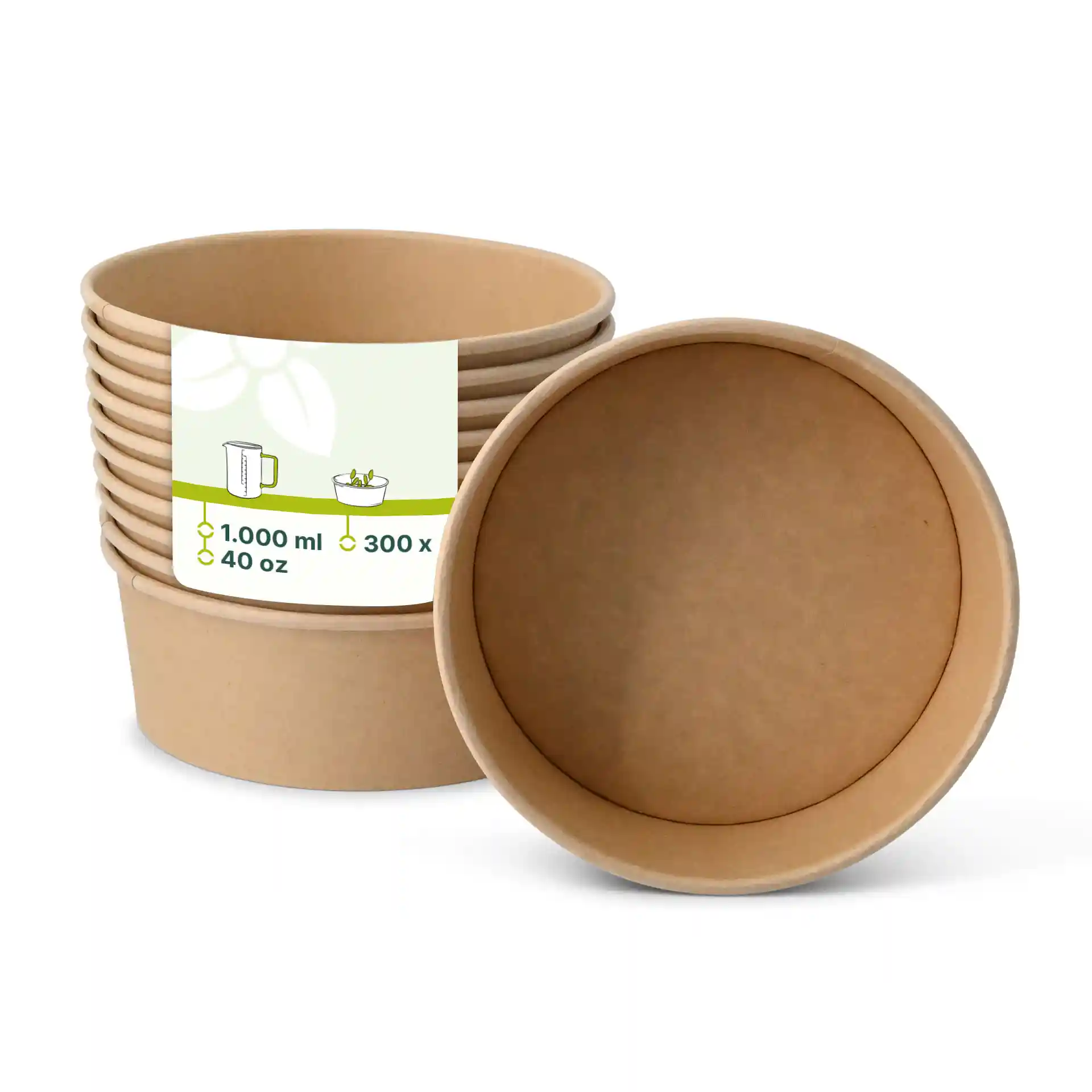 Ciotole di carta rotonde marroni con rivestimento ecologico, capacità di 1000 ml, mostrate impilate con una capovolta.