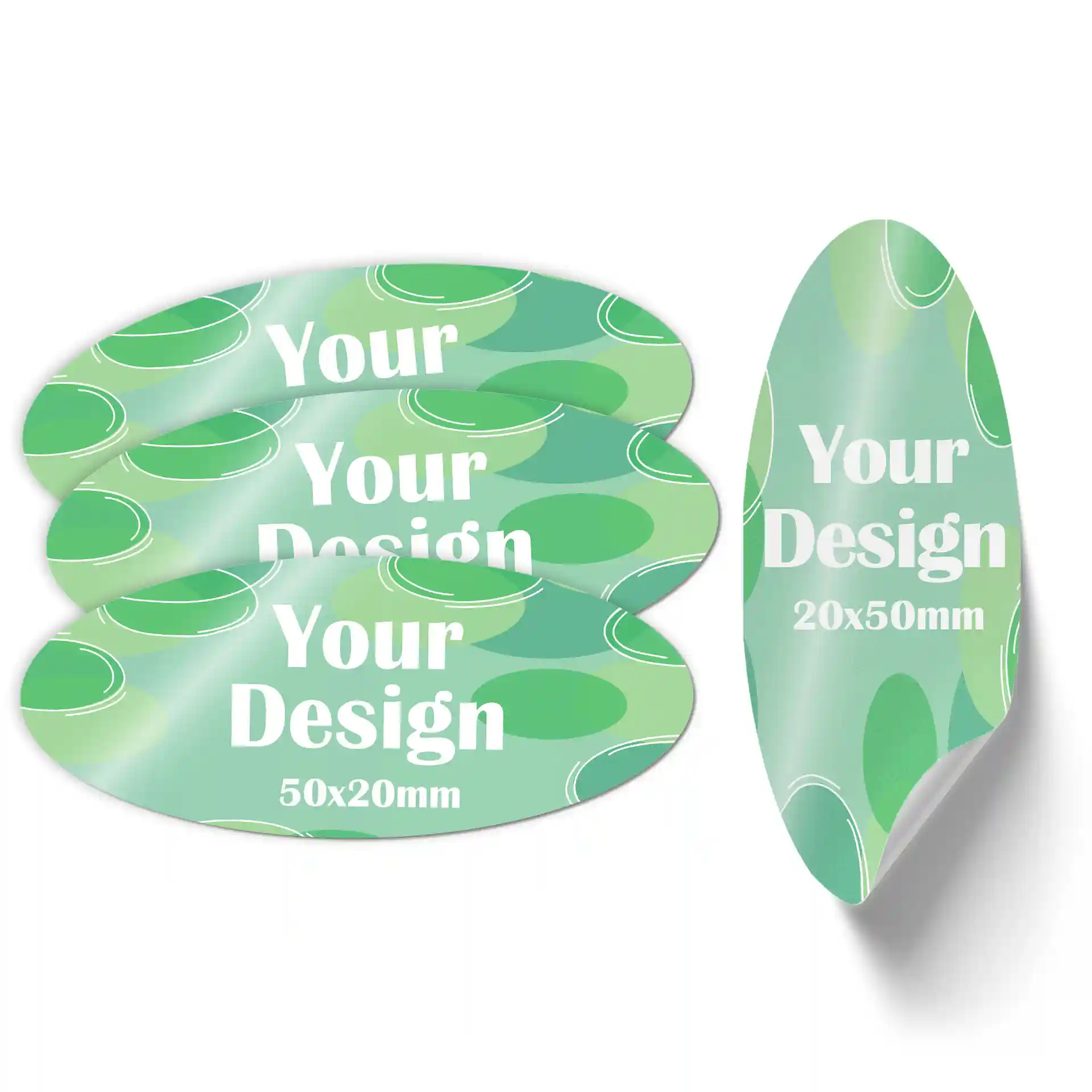 Étiquettes ovales imprimées sur un fond blanc brillant, avec des motifs verts et le texte "Votre Design" en blanc.