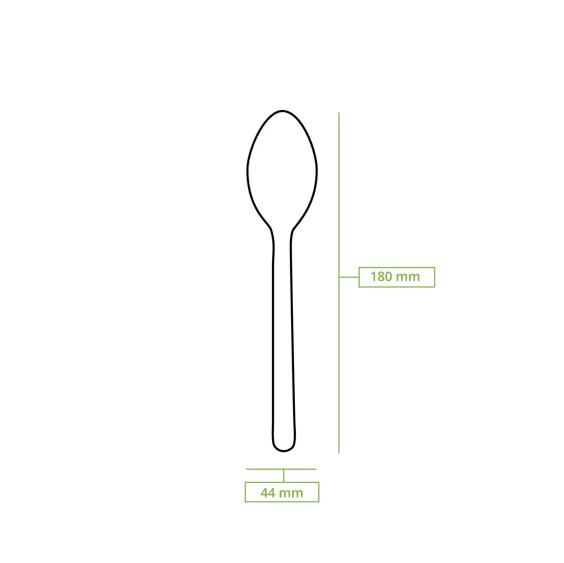 Schematische Zeichnung eines Holzlöffels mit einer Länge von 180 mm und einer Breite von 44 mm.