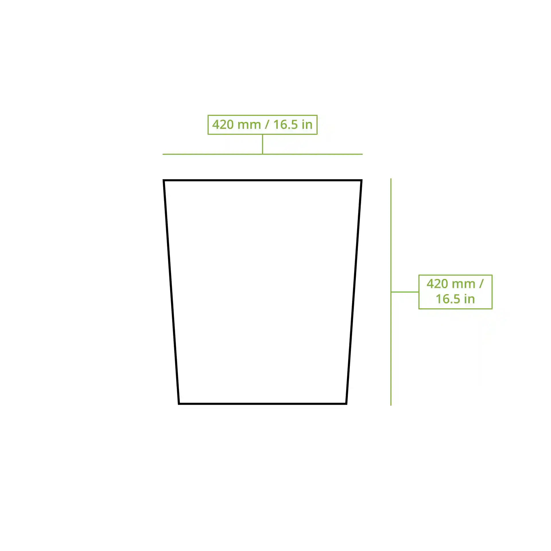 Disegno schematico di un contenitore quadrato con dimensioni di 420 mm per 420 mm.