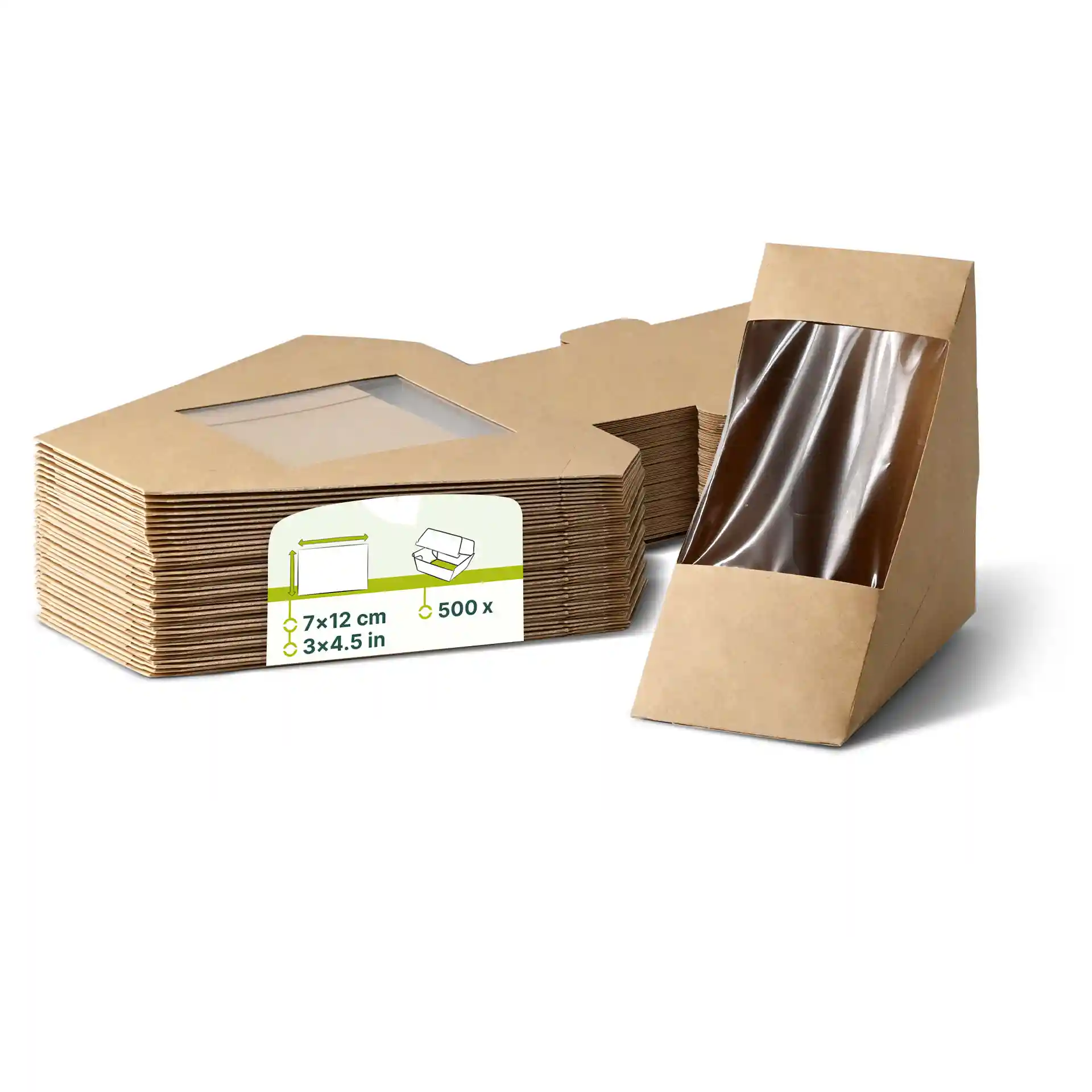 Boîtes à sandwich en carton (revêtement biologique), fenêtre en PLA, brun