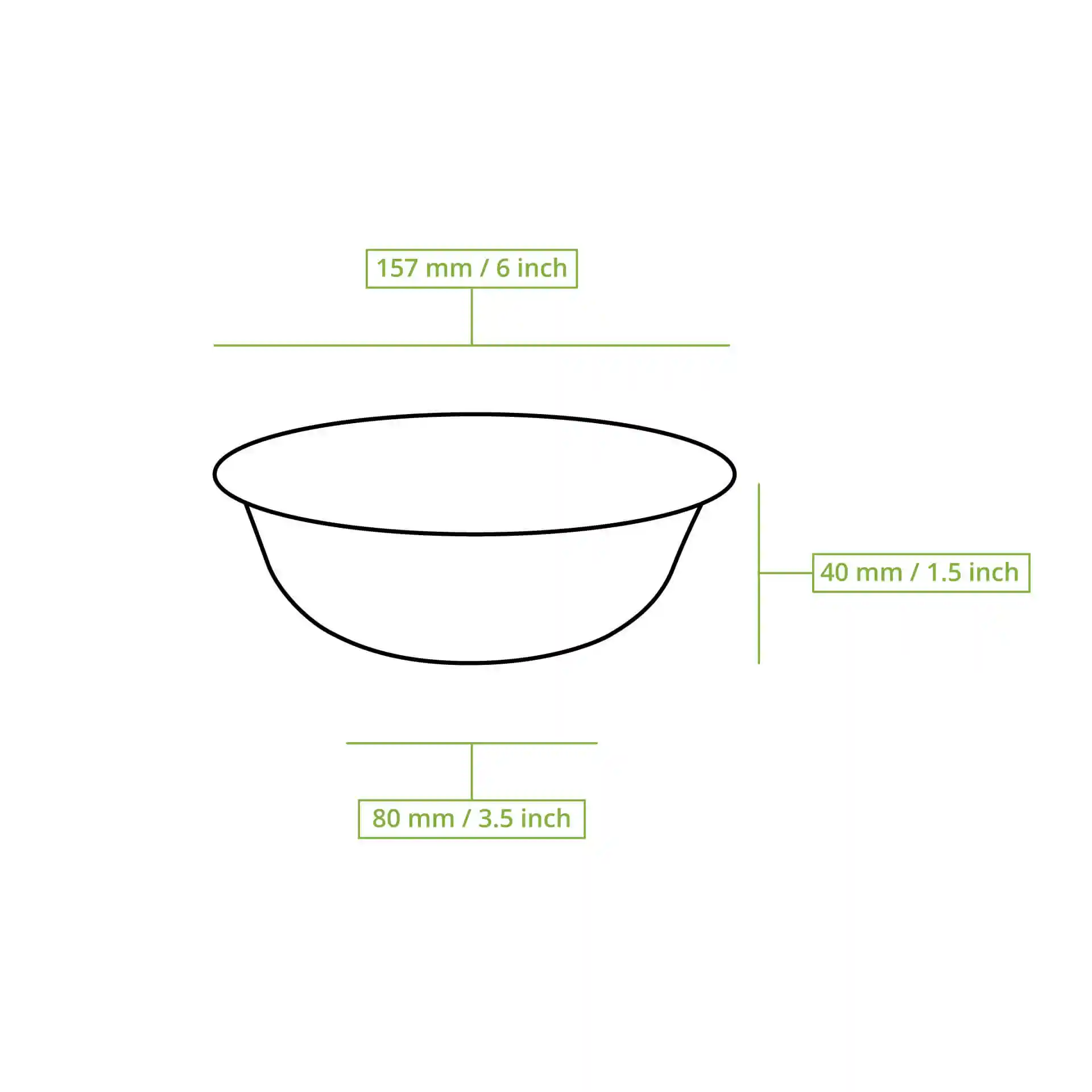 Disegno schematico di una ciotola rotonda in canna da zucchero con dimensioni: diametro superiore di 157 mm, altezza di 40 mm e diametro inferiore di 80 mm.