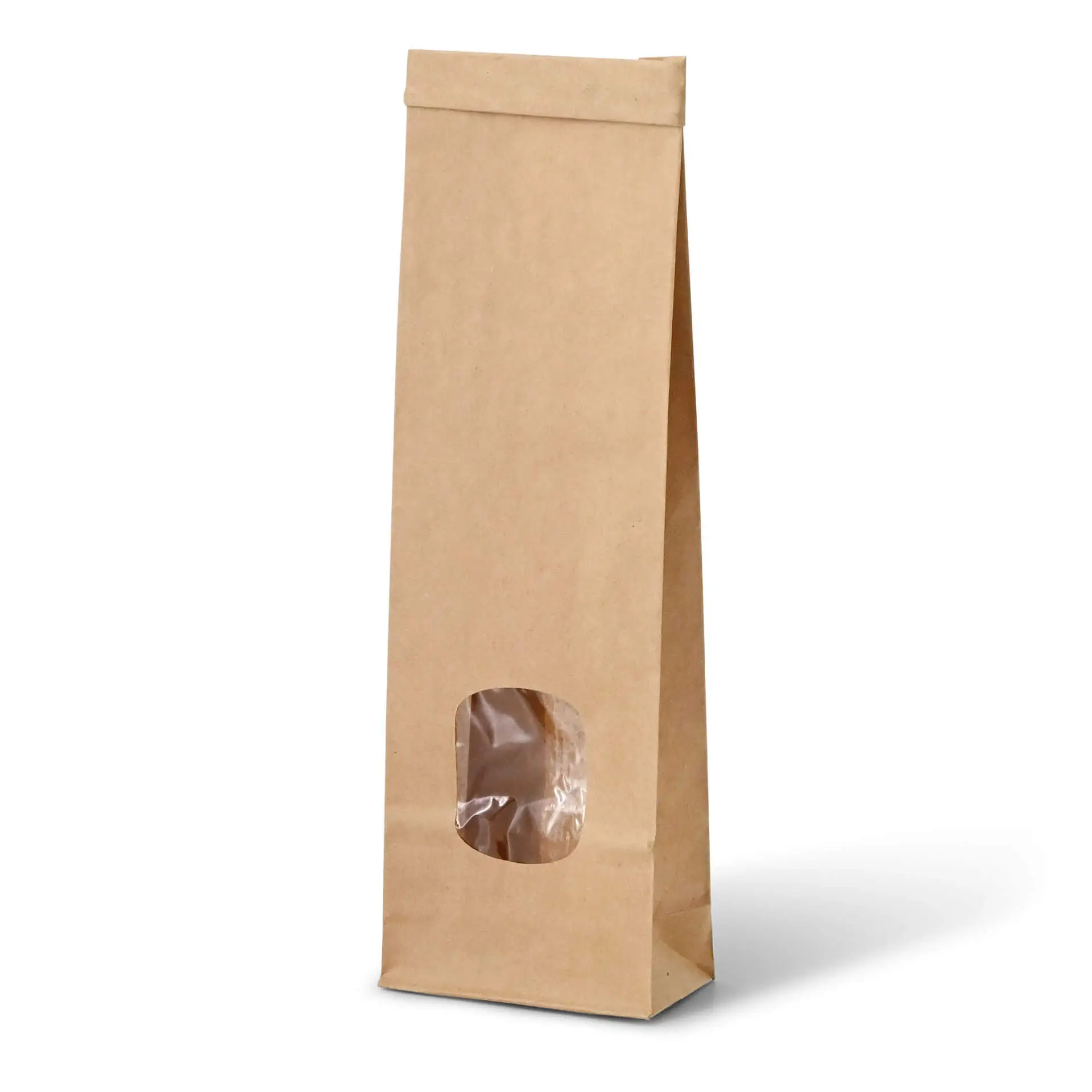 Sac en papier à fond plat marron avec fenêtre, 7,5 x 4,5 x 24 cm, fabriqué en papier kraft de 65 g/m² pour produits aromatiques en vrac.