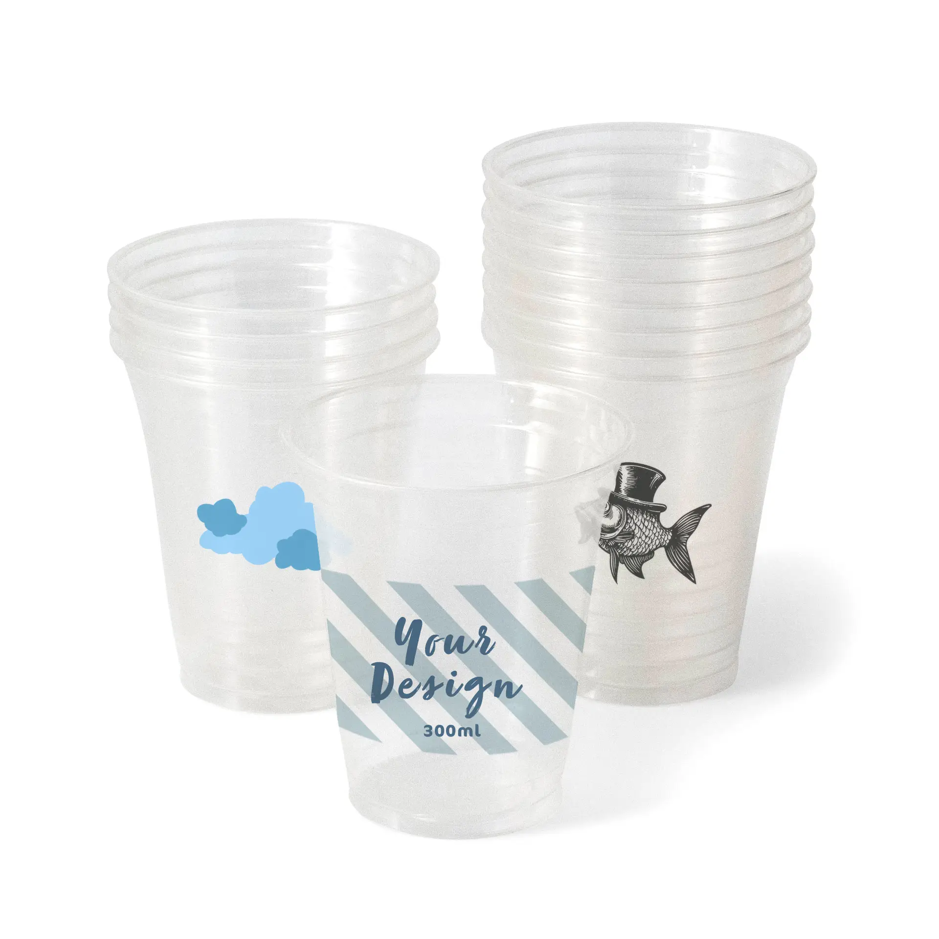Bicchieri PLA trasparenti per bevande fredde, con design personalizzabili, incluse nuvole blu, strisce e un grafiche di pesce.