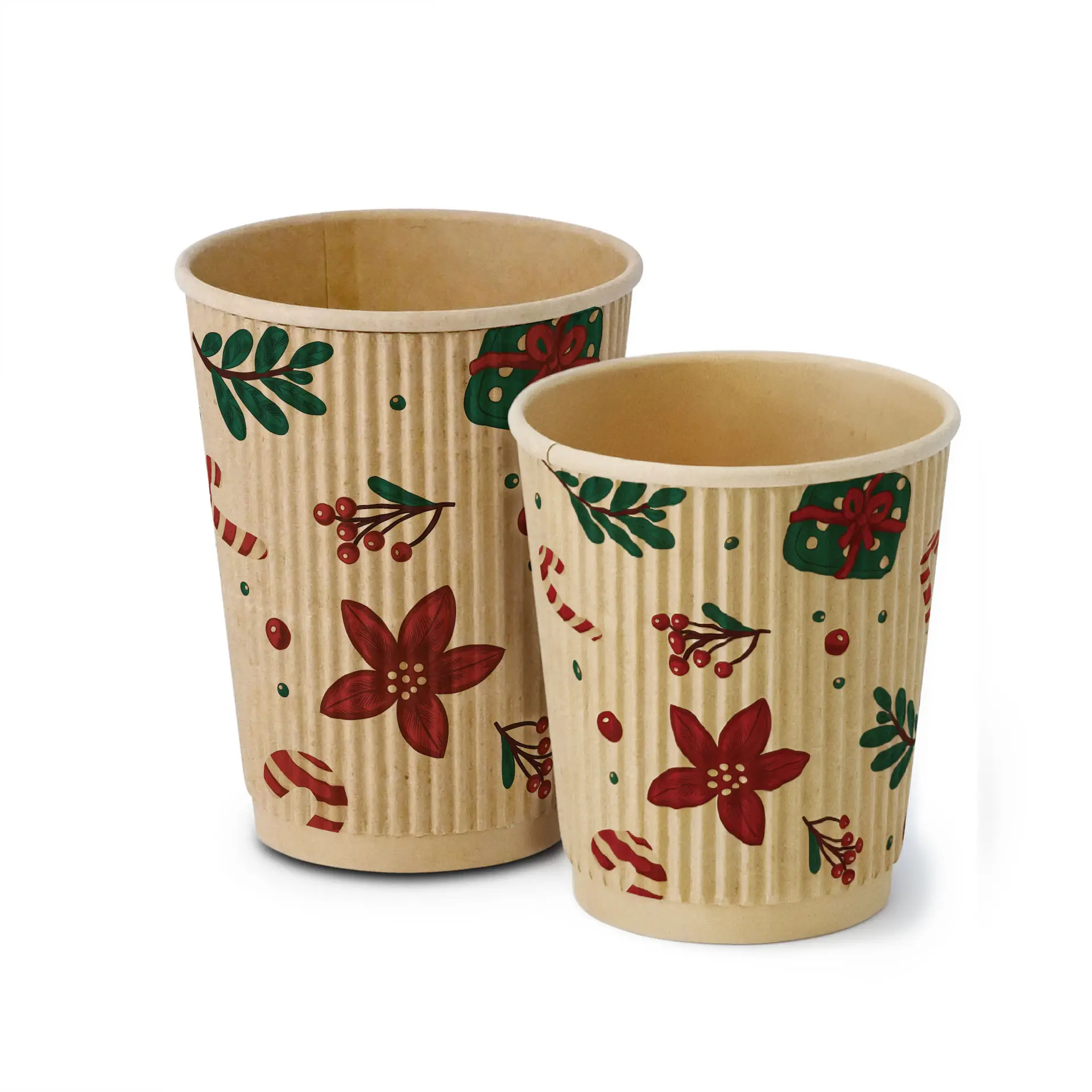 Gobelets marron avec un design d'hiver, featuring des fleurs rouges, des feuilles vertes et des cannes en sucre, en deux tailles.
