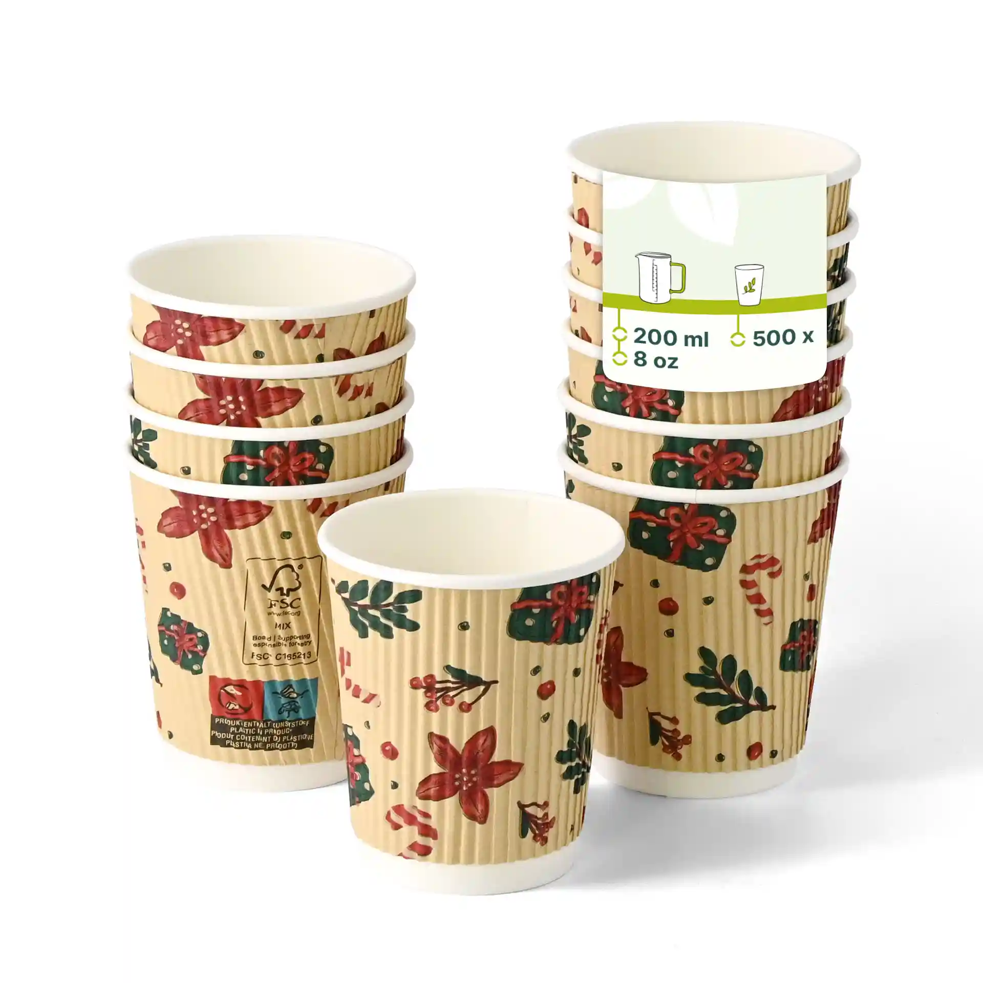 Ripple-Becher mit Winterdesign, 200 ml Fassungsvermögen, braune Farbe, gestapelt mit mehreren Bechern sichtbar.