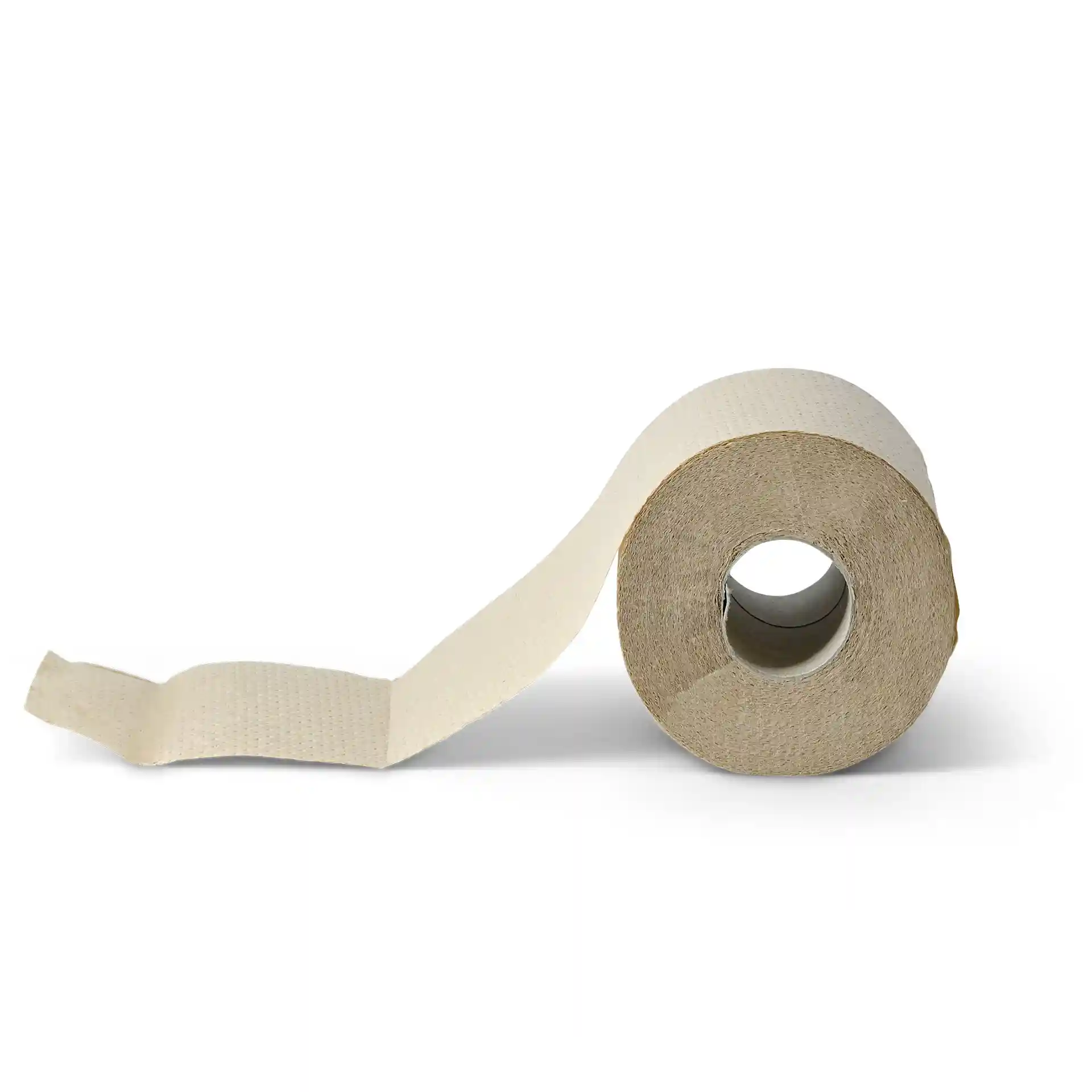 Rouleau de papier toilette brun en papier recyclé, 2 plis, avec une partie visible déroulée.