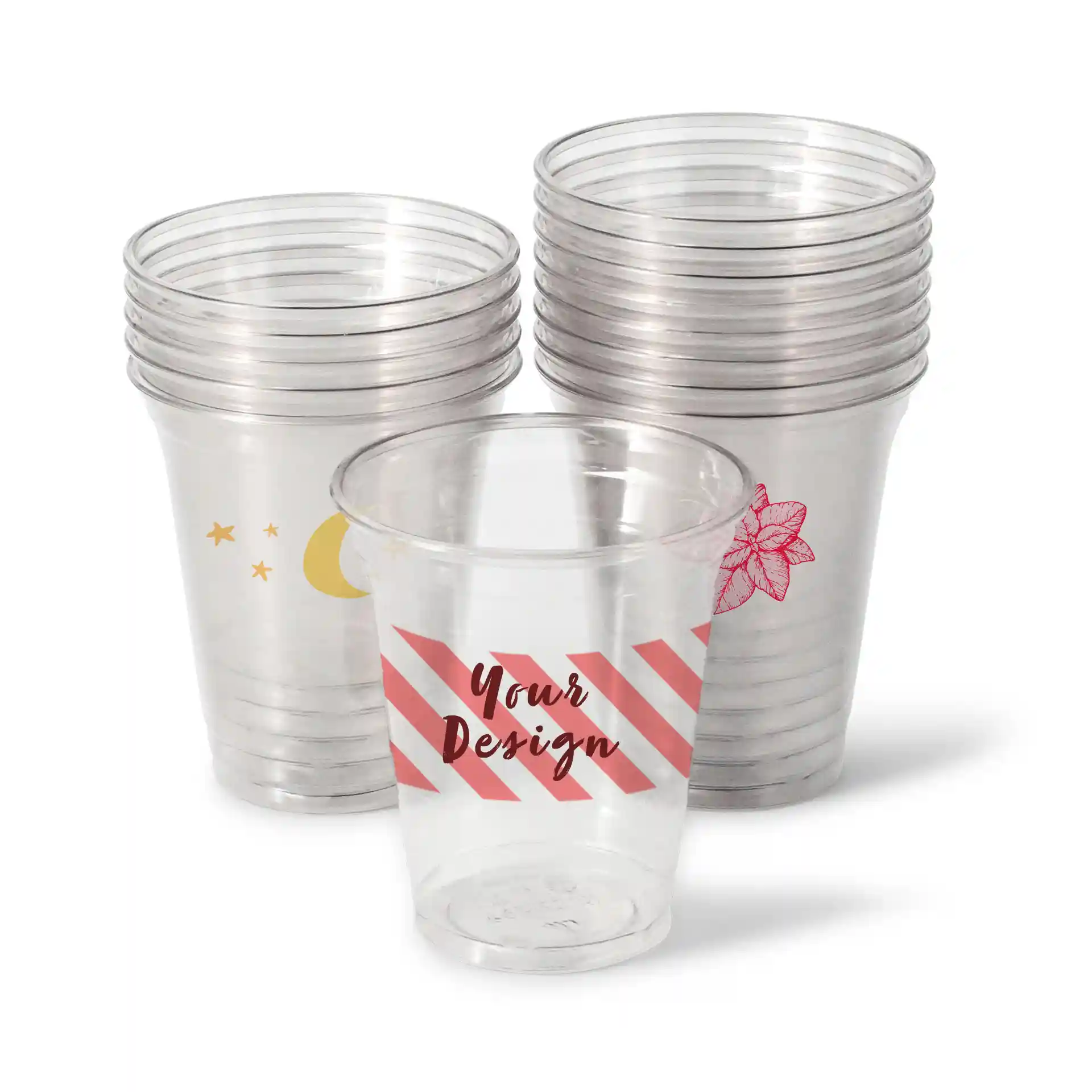 Bicchieri rPET trasparenti da 12 oz con design stampati, incluso un bicchiere con motivo a righe e elementi floreali.