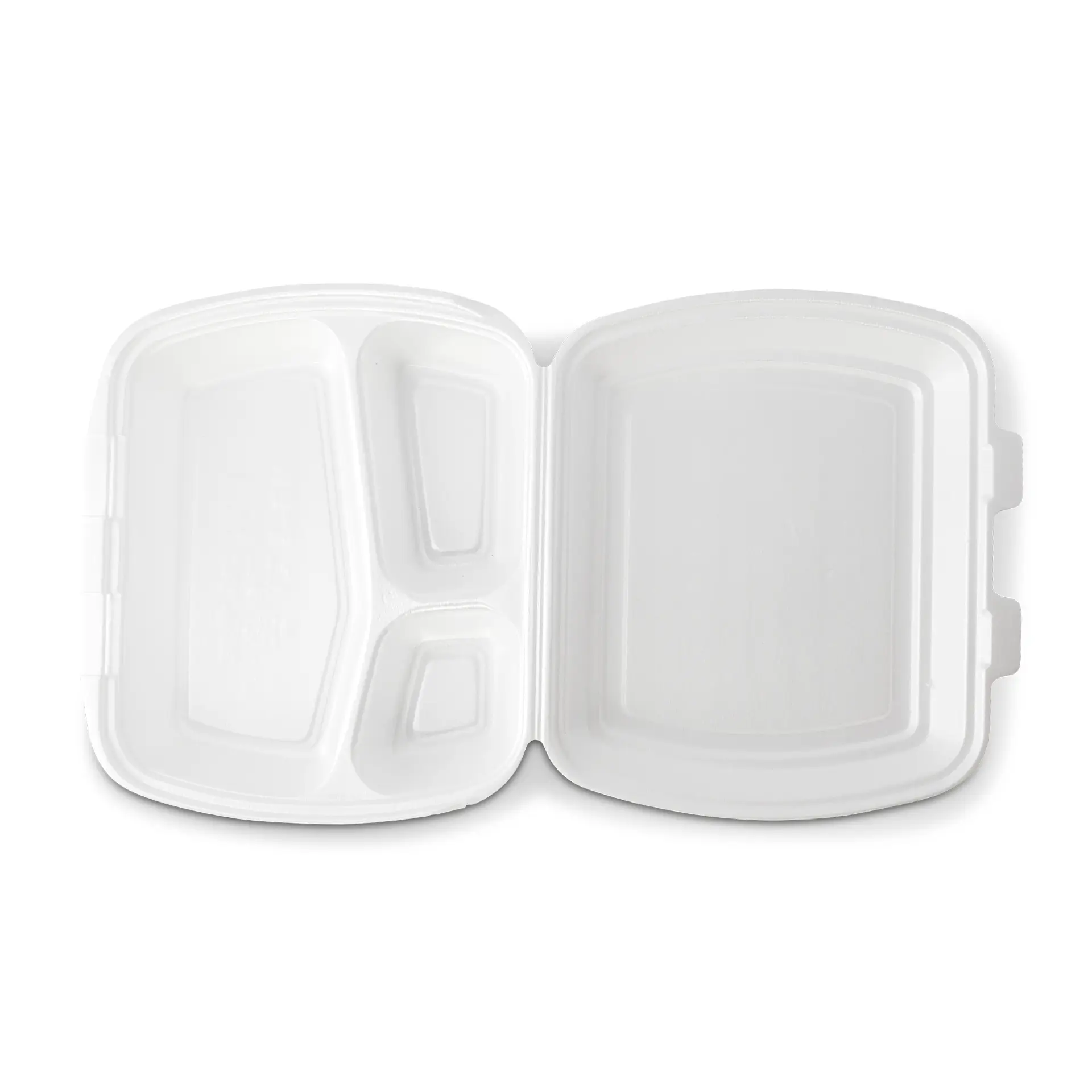 Conteneur alimentaire à emporter blanc avec une grande section et deux petits compartiments.