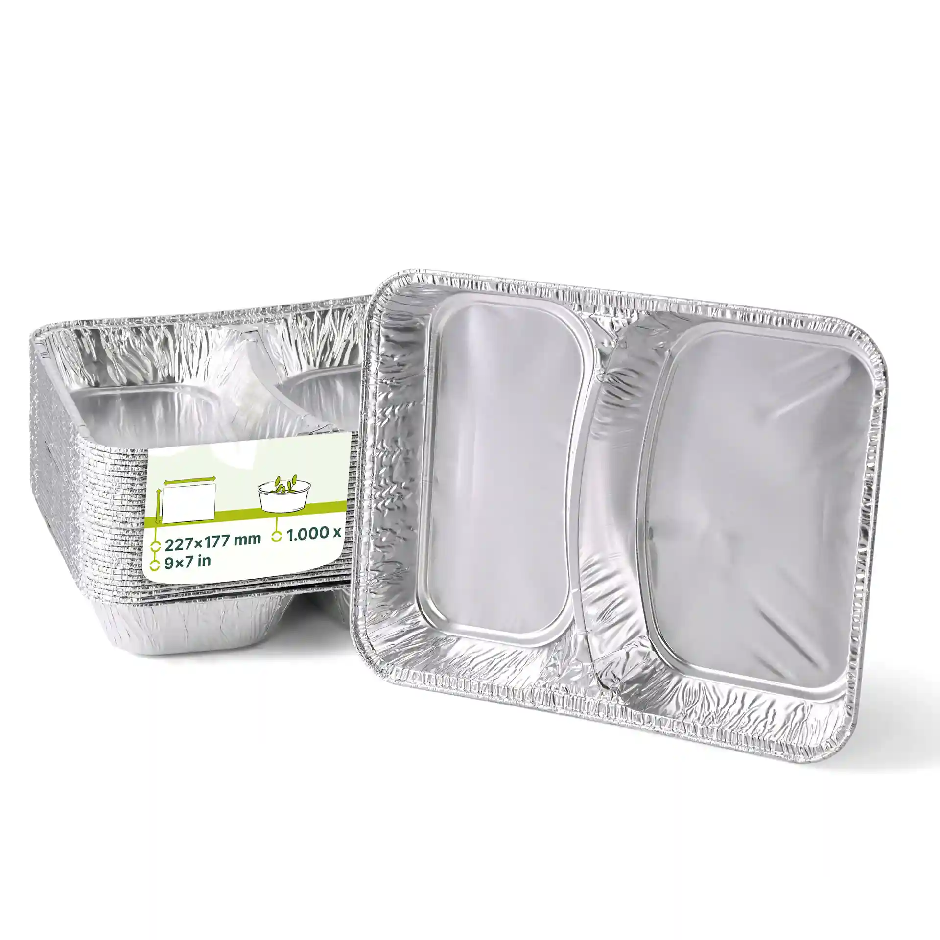 Vassoi in alluminio per pasti con due scomparti, misurano 227 x 177 mm, mostrati di lato su sfondo bianco.