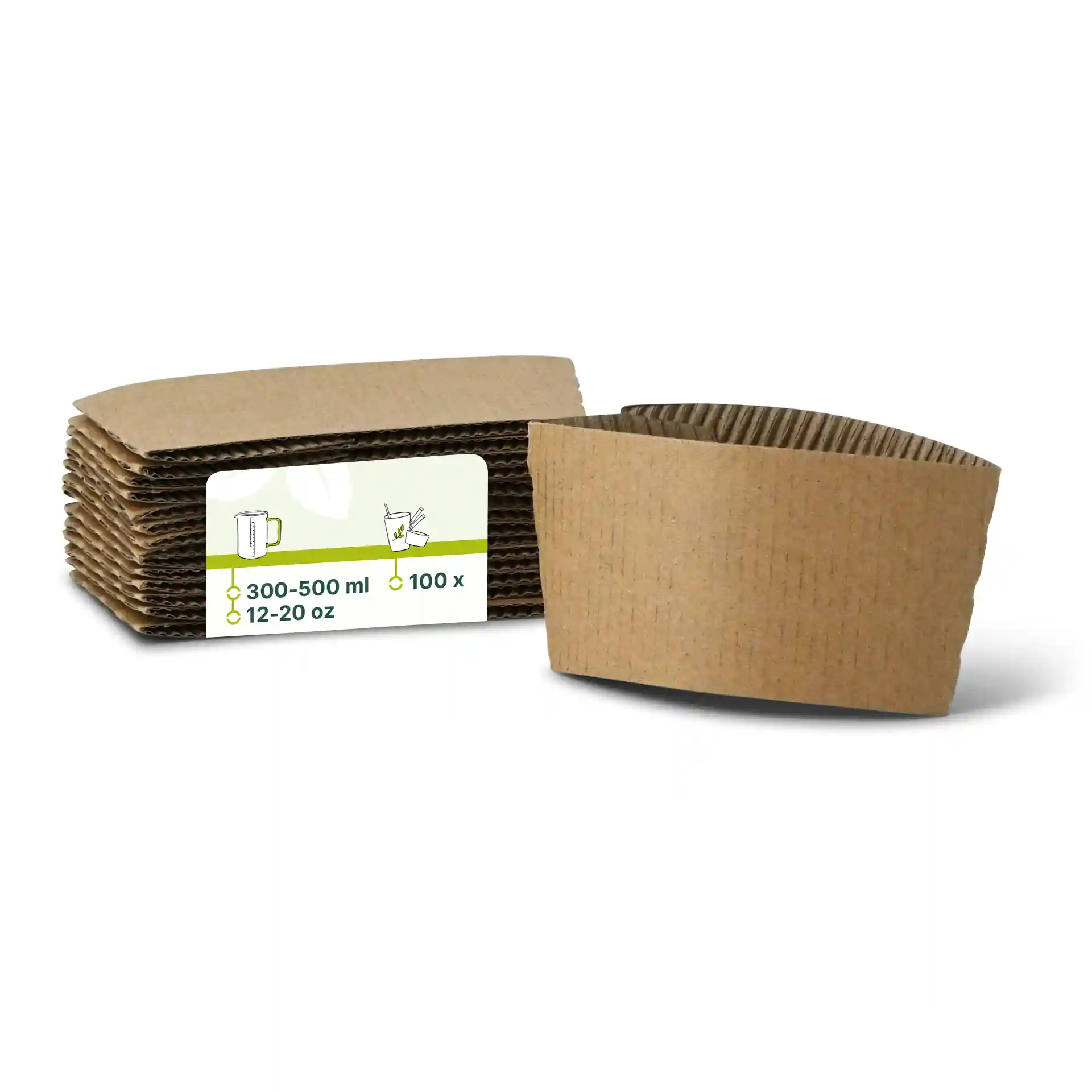 Braune Pappbecherhülsen für 300 bis 500 ml Papierbecher, mit einem Stapel mehrerer Hülsen gezeigt.