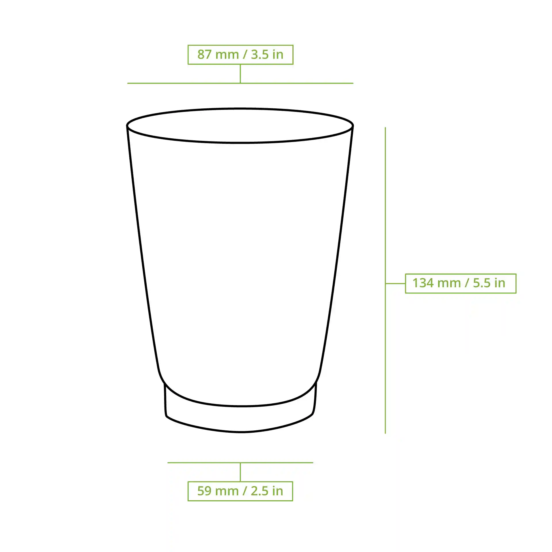 Dessin schématique d'un gobelet strié avec dimensions : hauteur 134 mm, diamètre 90 mm et diamètre de base 59 mm.