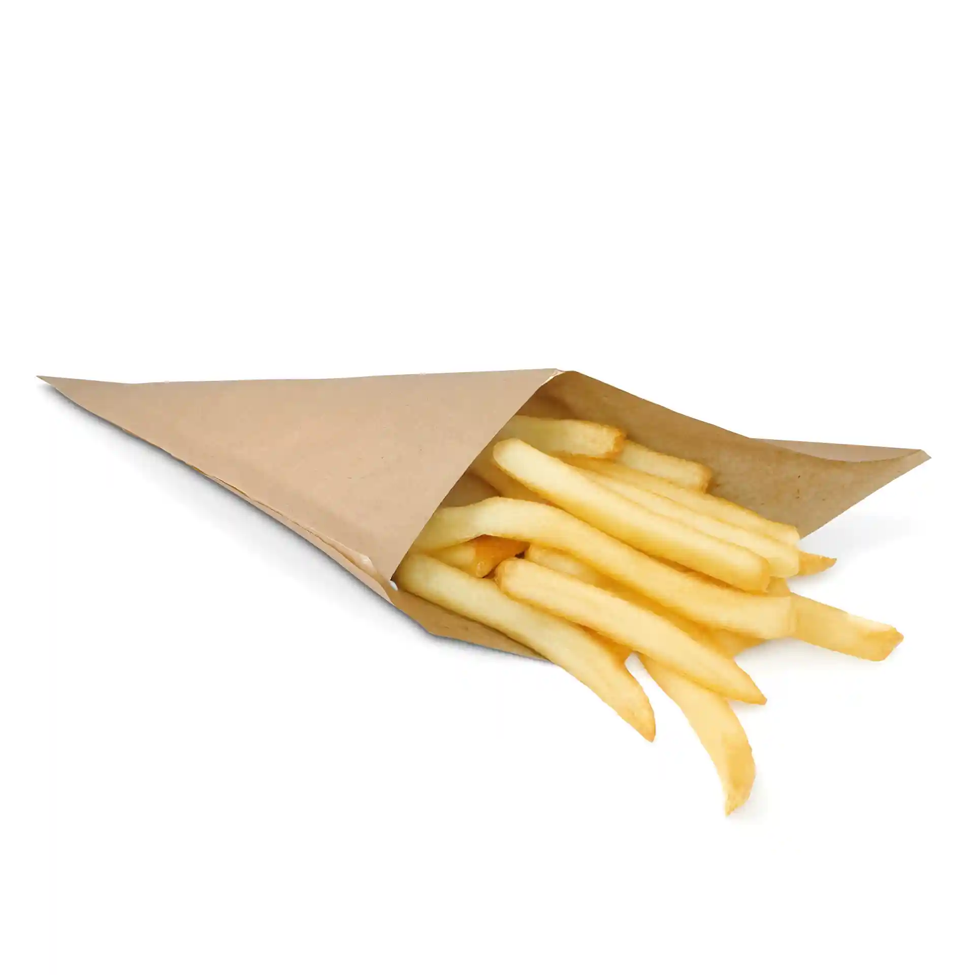 Braune Papiertüte mit Pommes Frites, 23 cm x 23 cm, mit fettabweisender Beschichtung.
