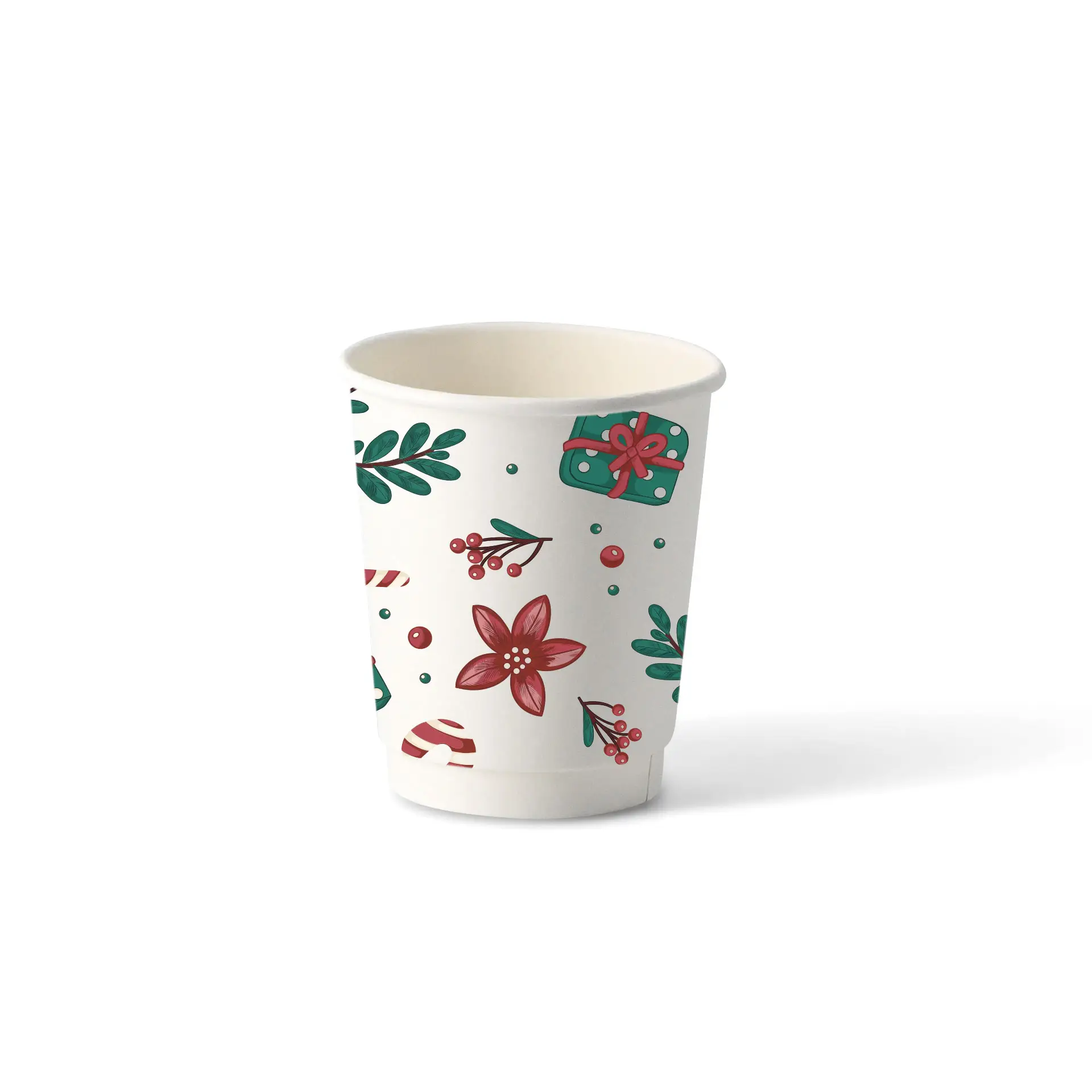Weißer doppelwandiger Becher mit winterlichem Design, das Blumen, Blätter und Geschenke zeigt. Füllmenge 200 ml.