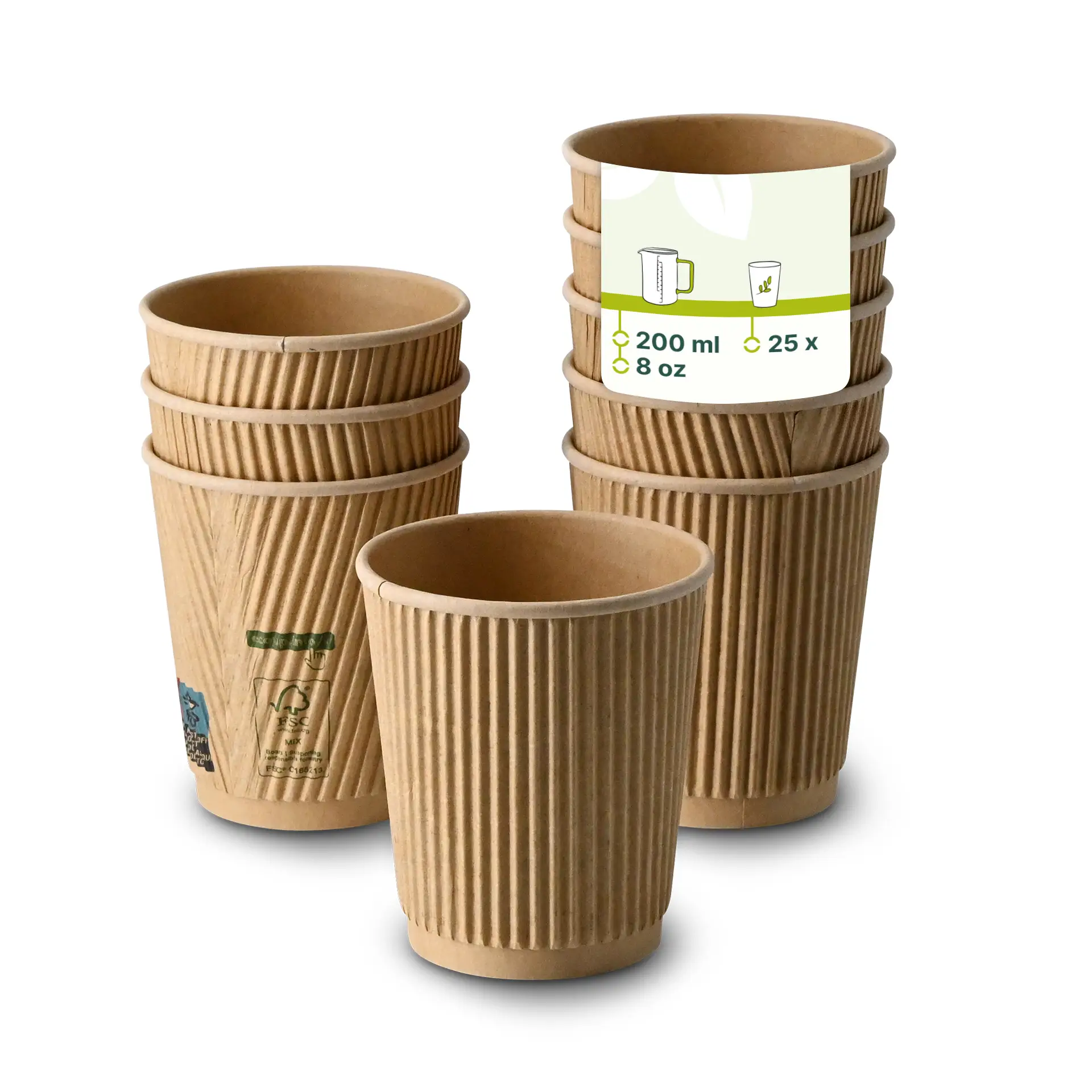 Braune gerippte Becher gestapelt, mit einem Becher vorne, der ein Etikett mit 200 ml und insgesamt 25 Bechern zeigt.