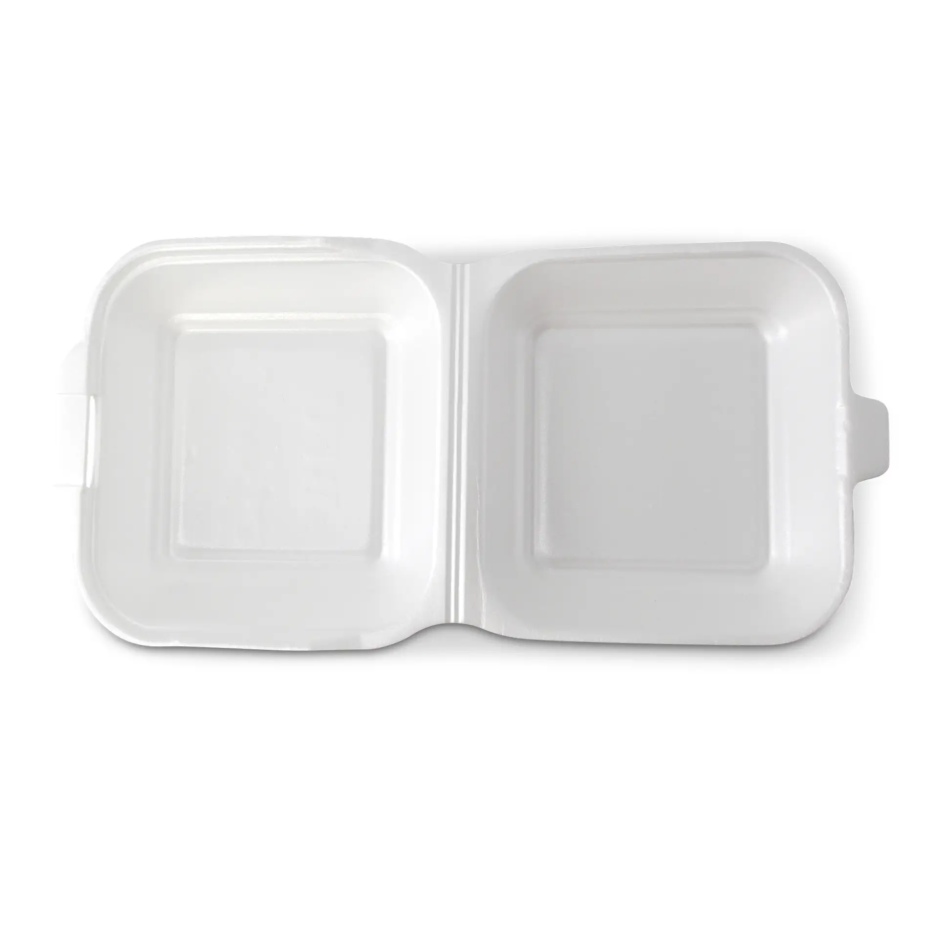 Contenant alimentaire blanc à deux compartiments avec couvercle articulé, adapté pour les plats à emporter et le stockage des aliments.