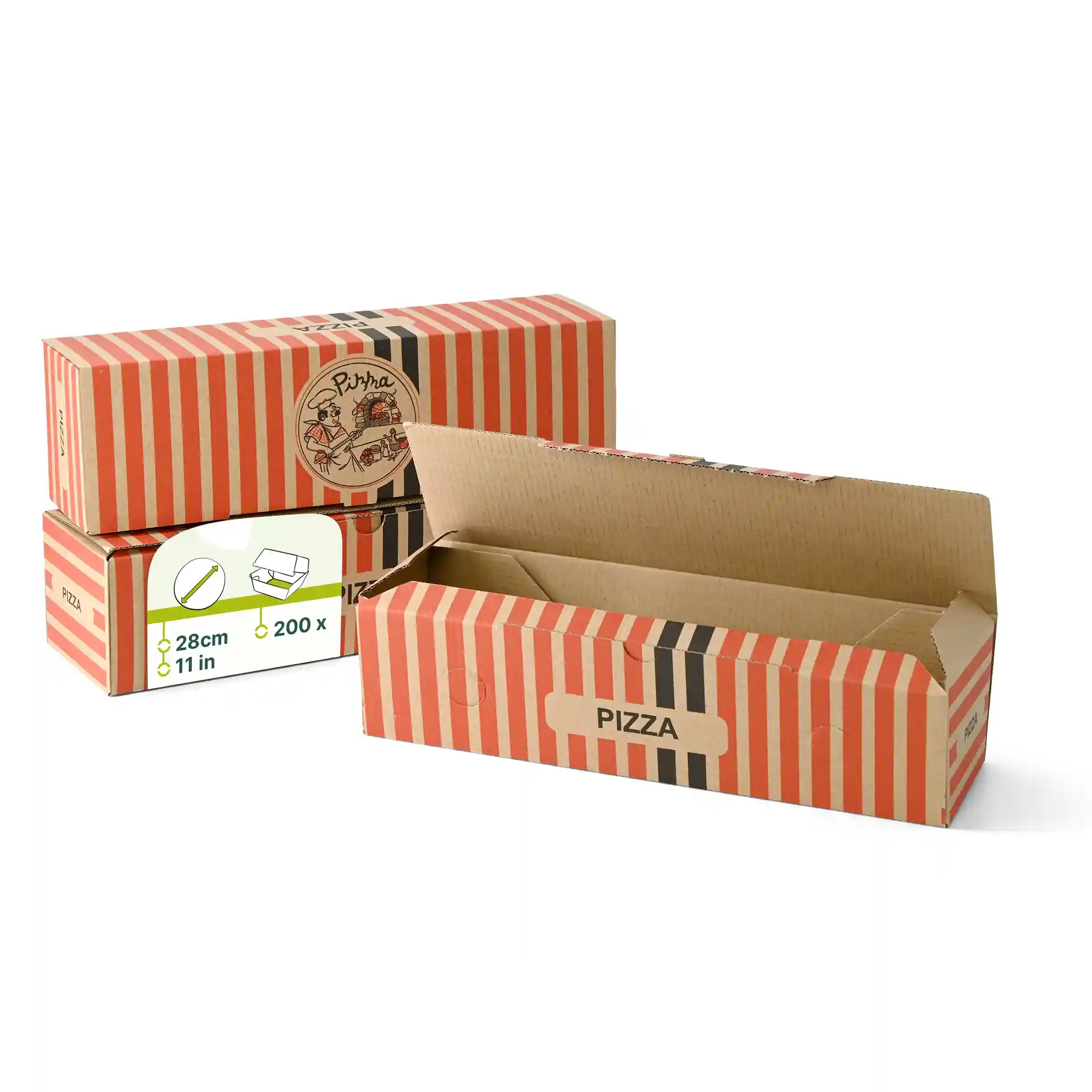 Kartonpizza-Box mit rot-weißen Streifen, mit einem Pizzakoch-Design und offenem Deckel.