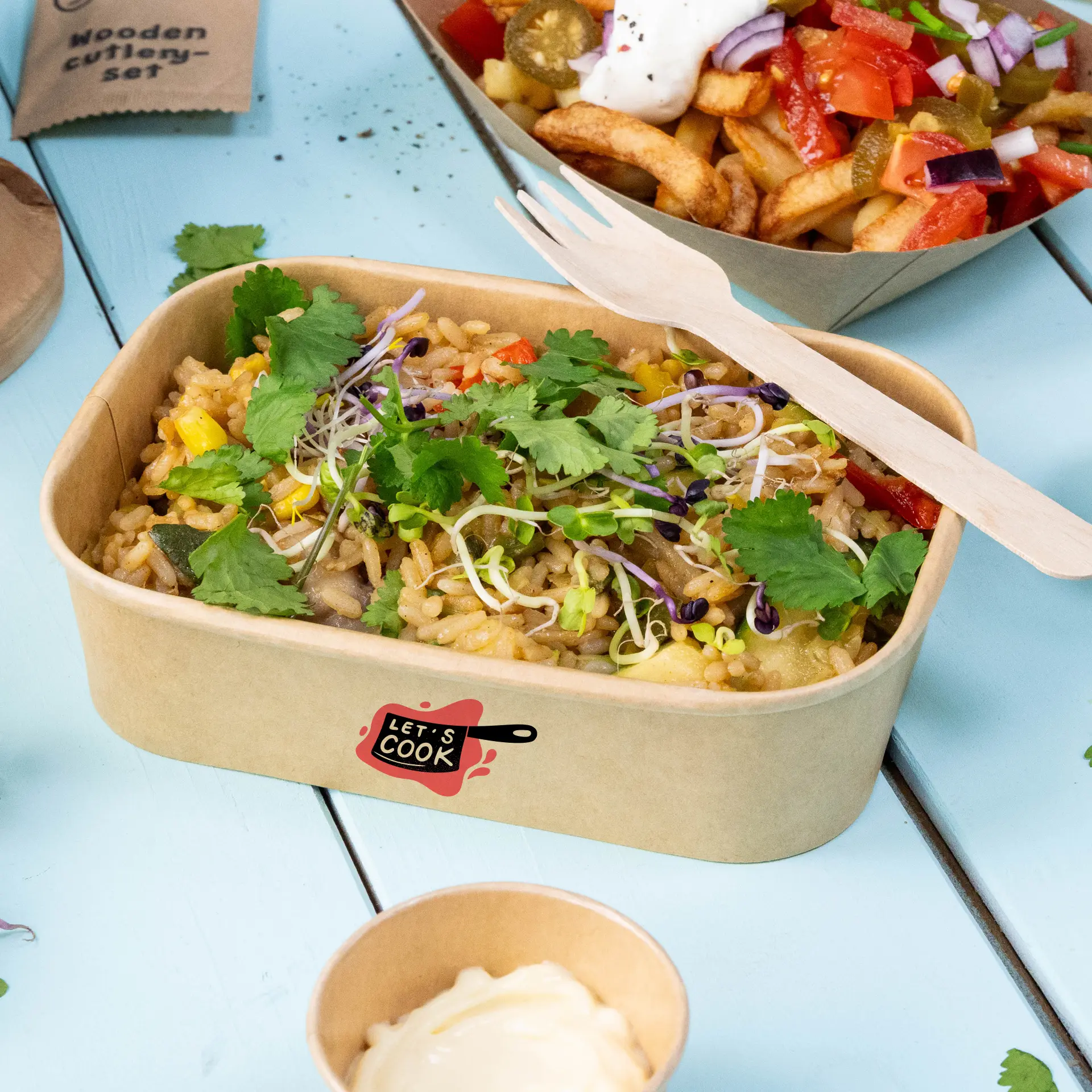 Bedruckte Salatschalen (rechteckig), 500 ml / 20 oz, braun, PLA-beschichtet