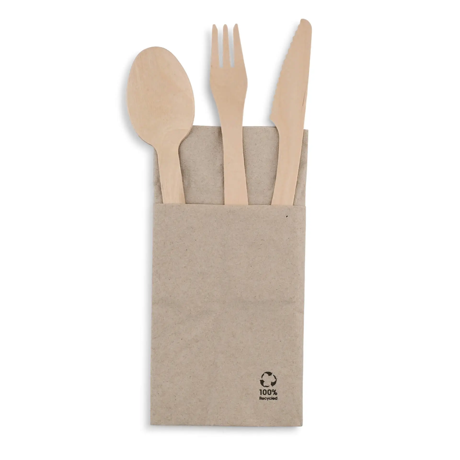 Holzlöffel, Gabel und Messer in einem braunen Papierbeutel, mit teilweise sichtbaren Bestecken.