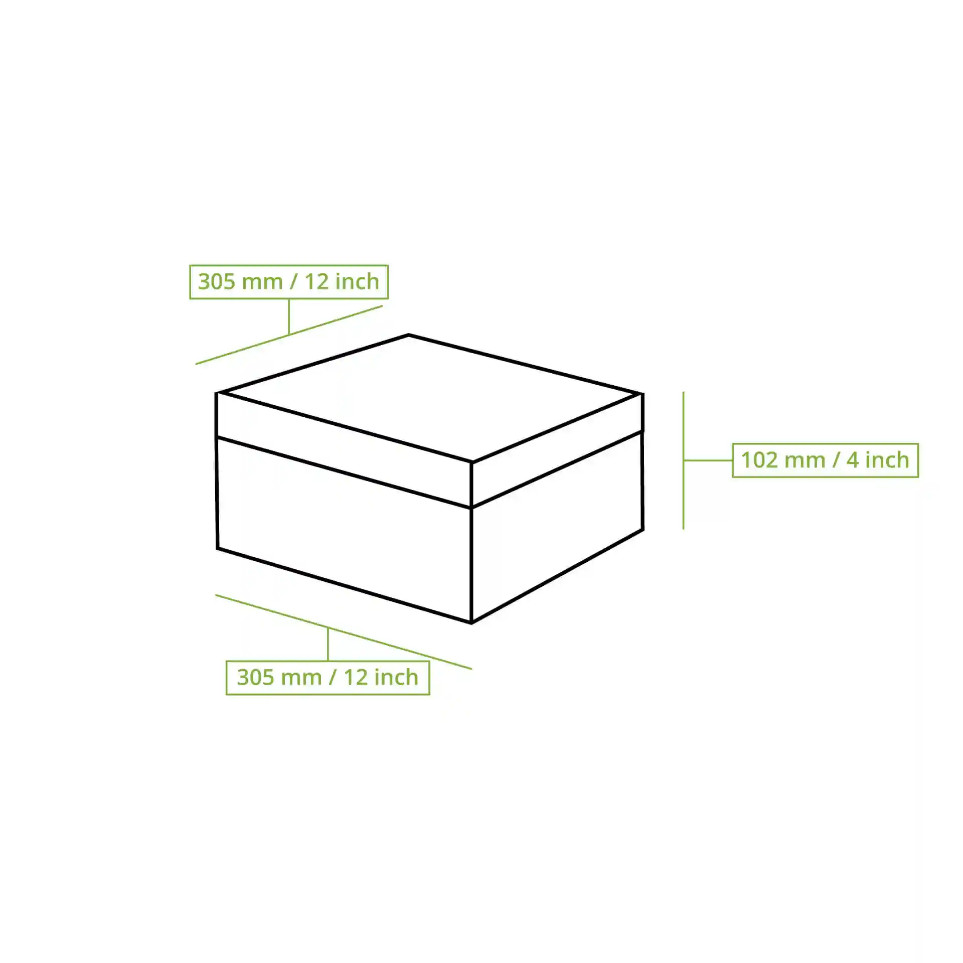 Schematische Zeichnung einer quadratischen Kuchenbox mit den Abmessungen 305 mm x 305 mm x 102 mm.