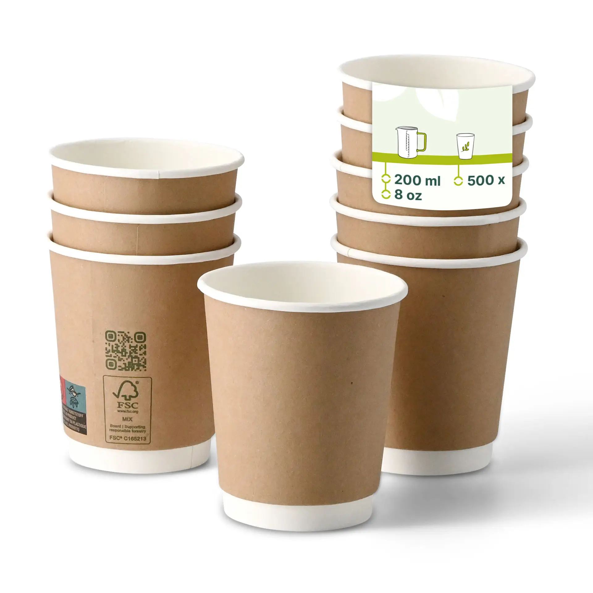 Kaffee to go Becher, 200 ml / 8 oz, Ø 80 mm, doppelwandig, braun / innen weiss, PLA-beschichtet
