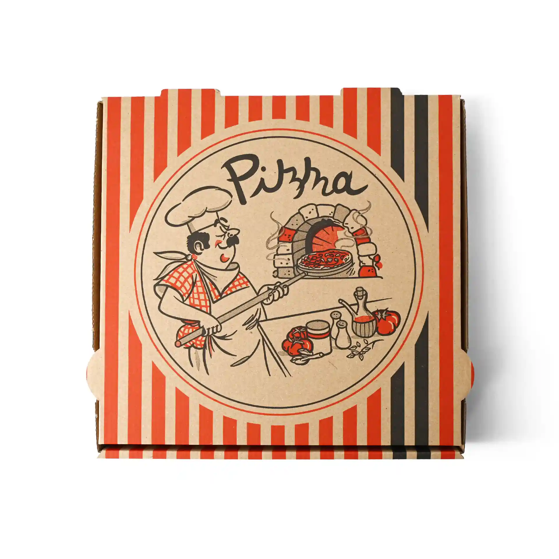 Boîte à pizza avec un design de chef pizzaiolo, couleur marron, dimensions 28 x 28 x 4 cm.