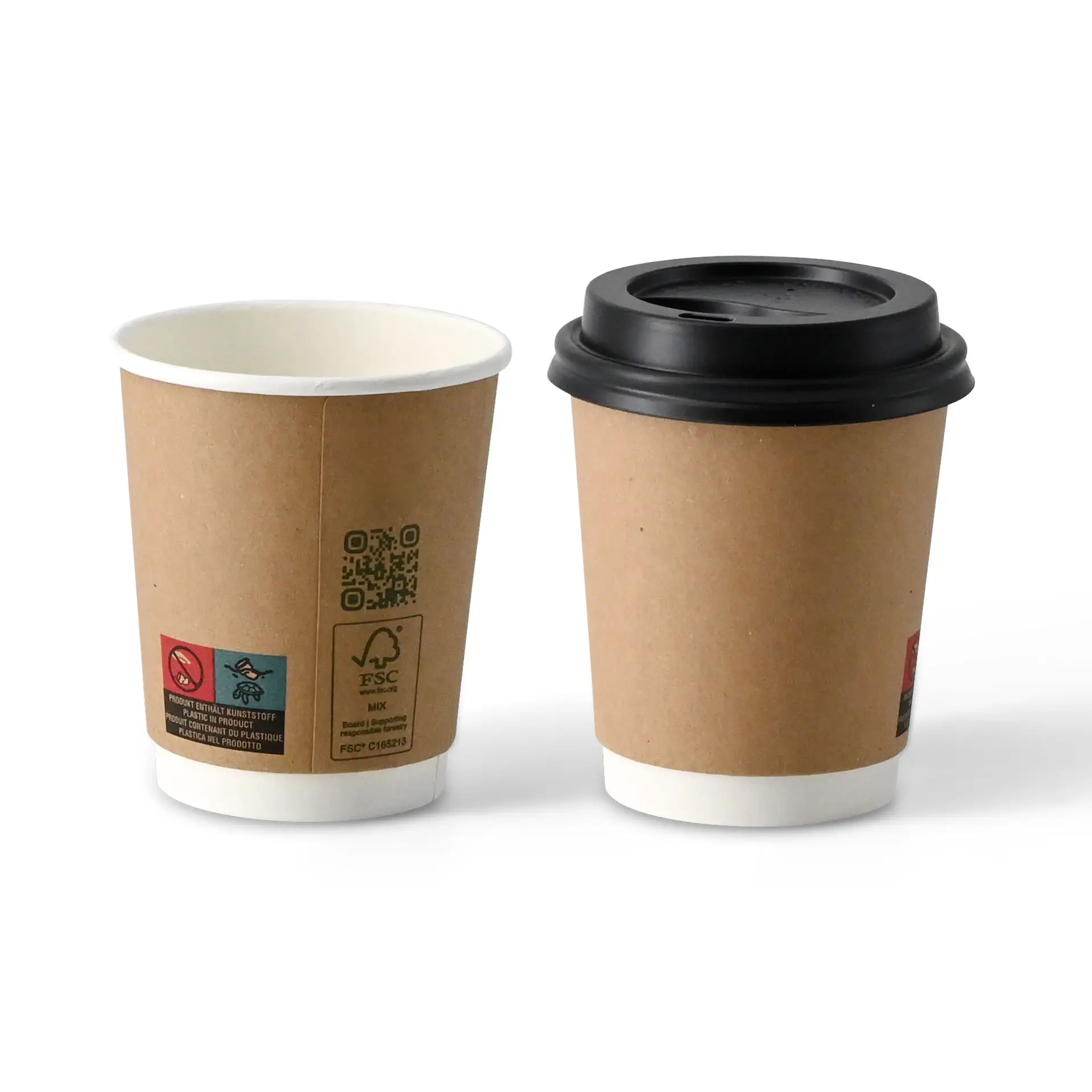 Kaffee to go Becher, 200 ml / 8 oz, Ø 80 mm, doppelwandig, braun / innen weiss, PLA-beschichtet