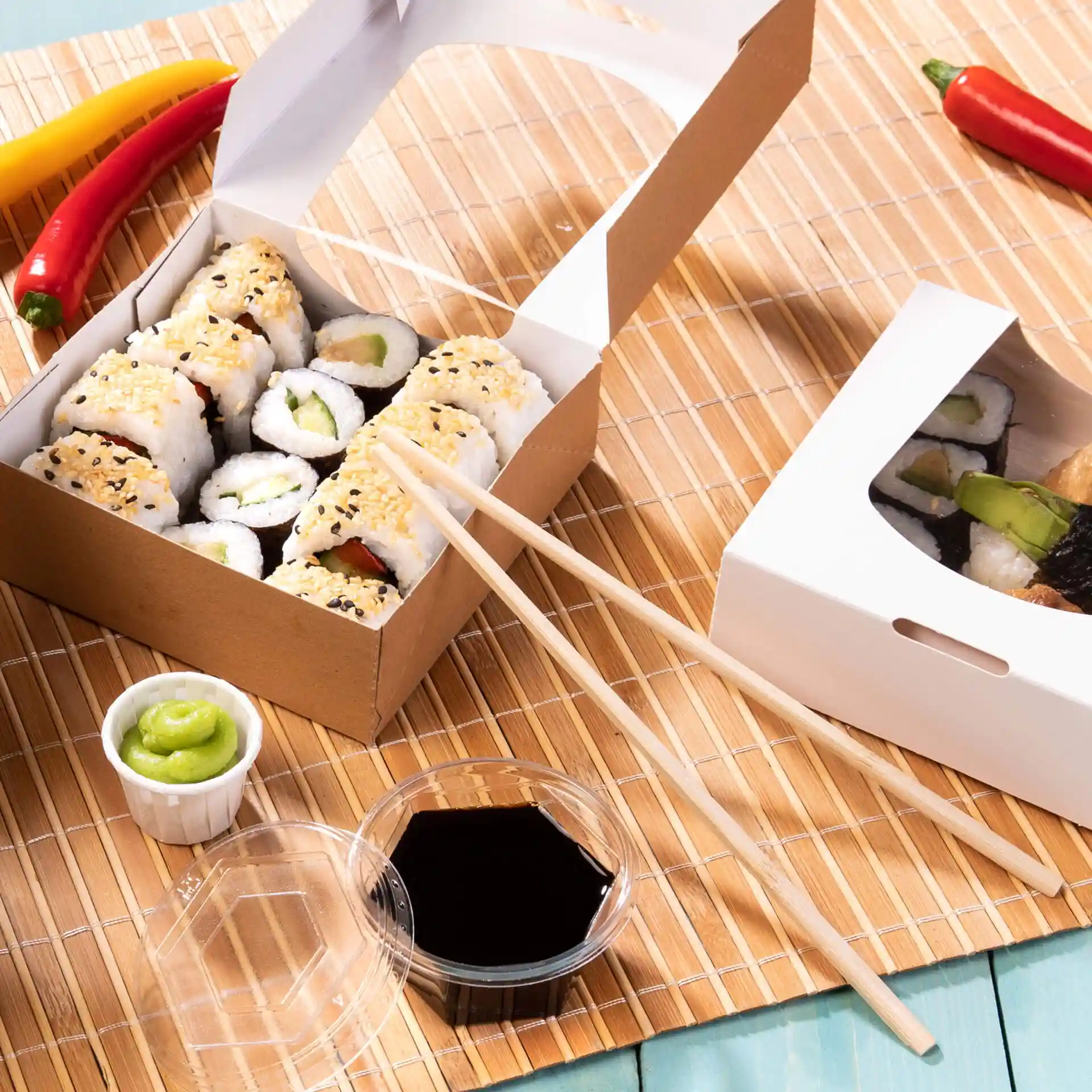 Rouleaux de sushi dans une boîte en papier brun avec des baguettes en bambou, sauce soja et wasabi sur un tapis en bambou.