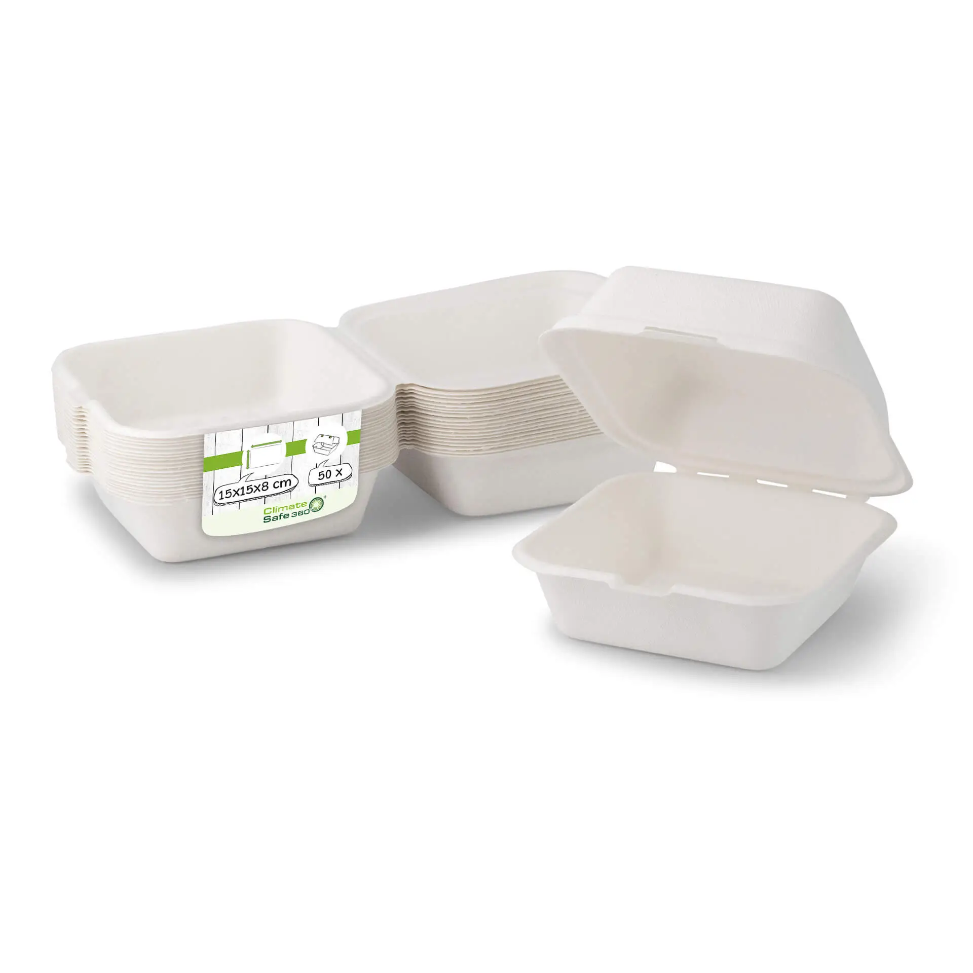 Burgerboxen aus Zuckerrohr, 15 x 15 x 8 cm, quadratisch Burgerboxen aus Zuckerrohr, 15 x 15 x 8 cm, quadratisch