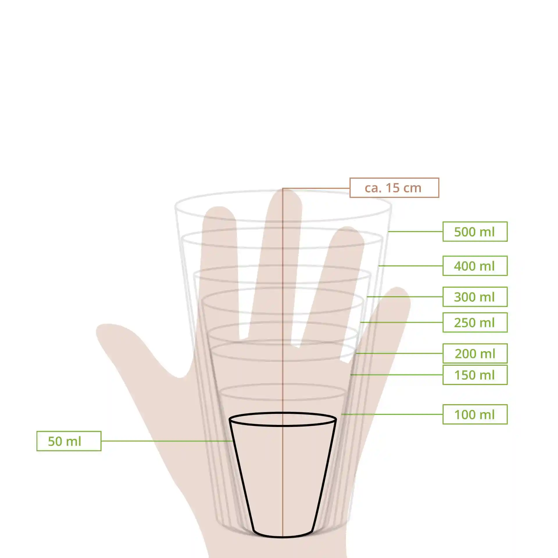 Disegno schematico di un bicchiere con linee di misura che indicano vari volumi da 50 ml a 500 ml.